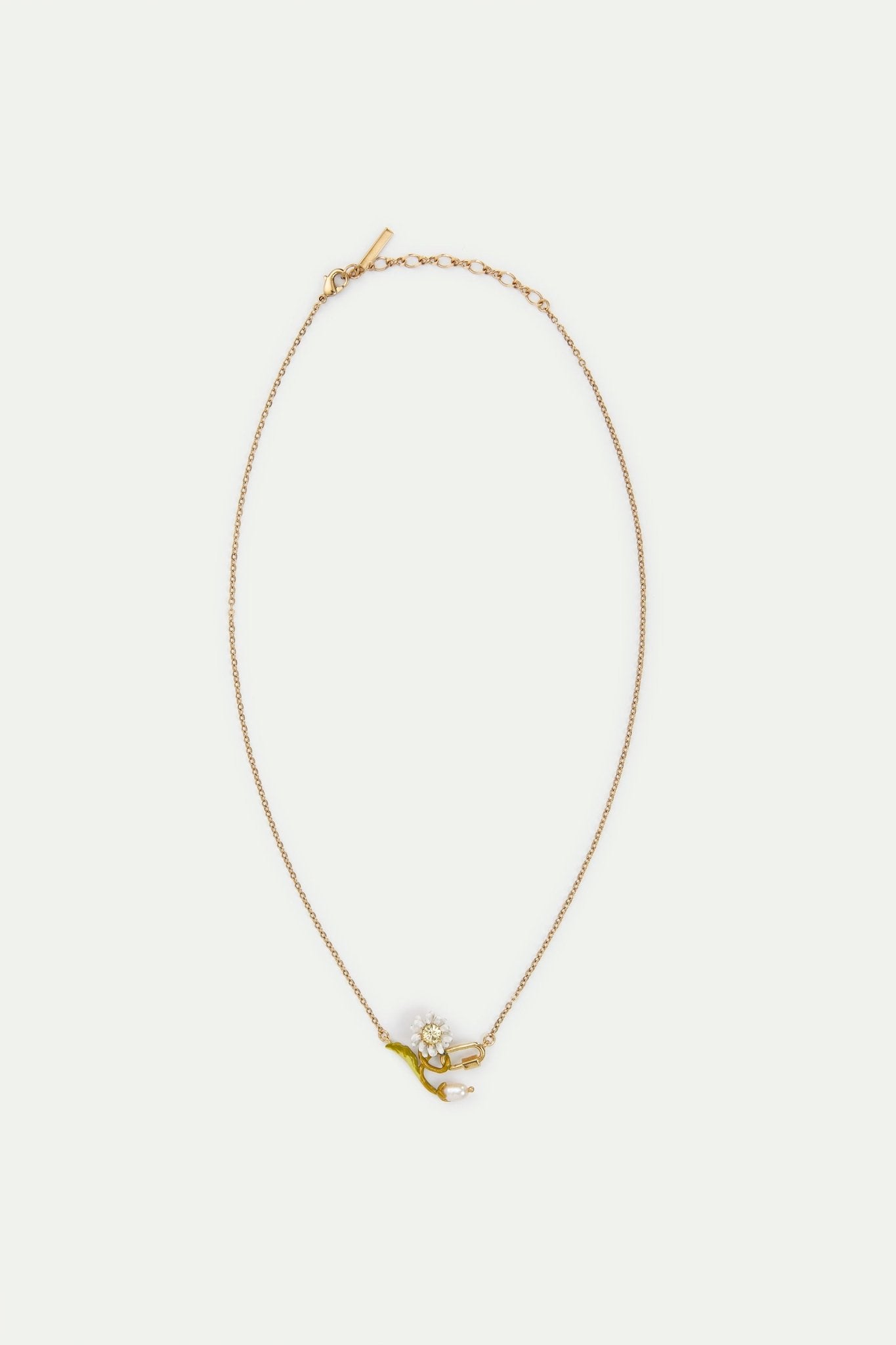 Fine necklace with white and green daisy, mother of pearl bead and carabiner | AVFR3031 - Les Nereides