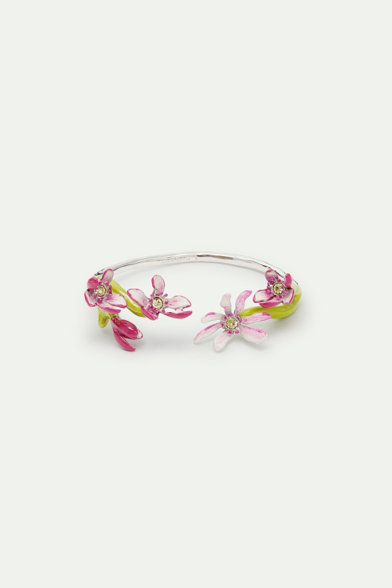 Fine silver cuff bracelet with pink magnolia flowers and crystals | AVFA2021 - Les Nereides