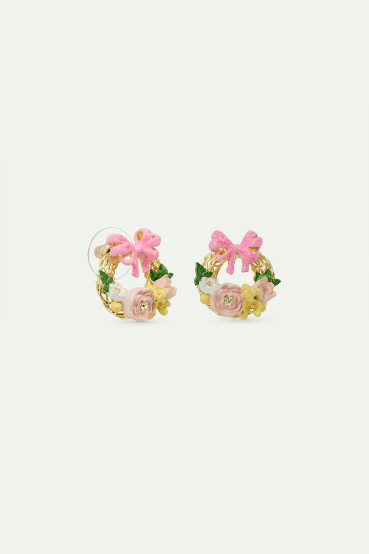 Flower crown and pink bow post earrings | AVIP1051 - Les Nereides