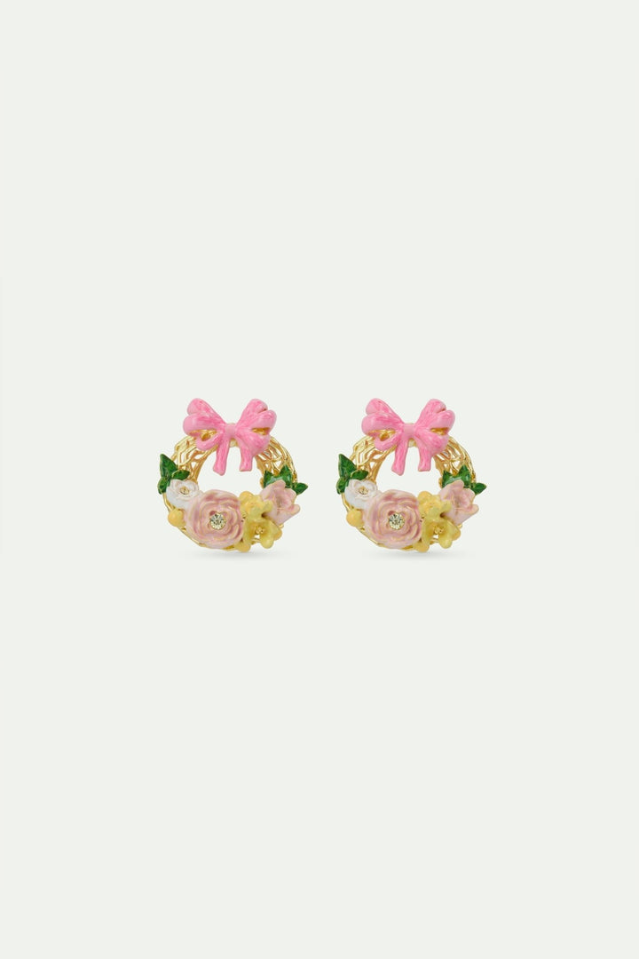 Flower crown and pink bow post earrings | AVIP1051 - Les Nereides