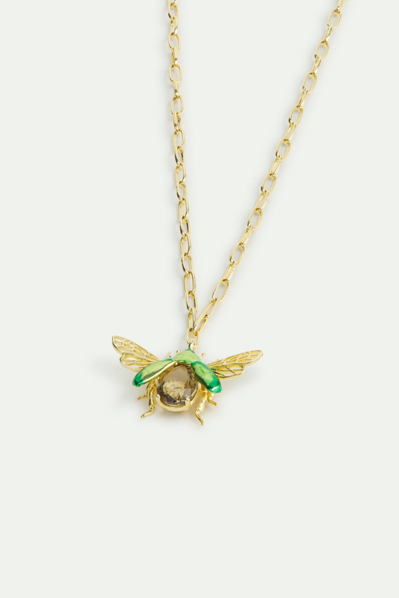 Flying Green Rose Chafer Pendant Necklace With Black Faceted Stone | AWCC3041 - Les Nereides