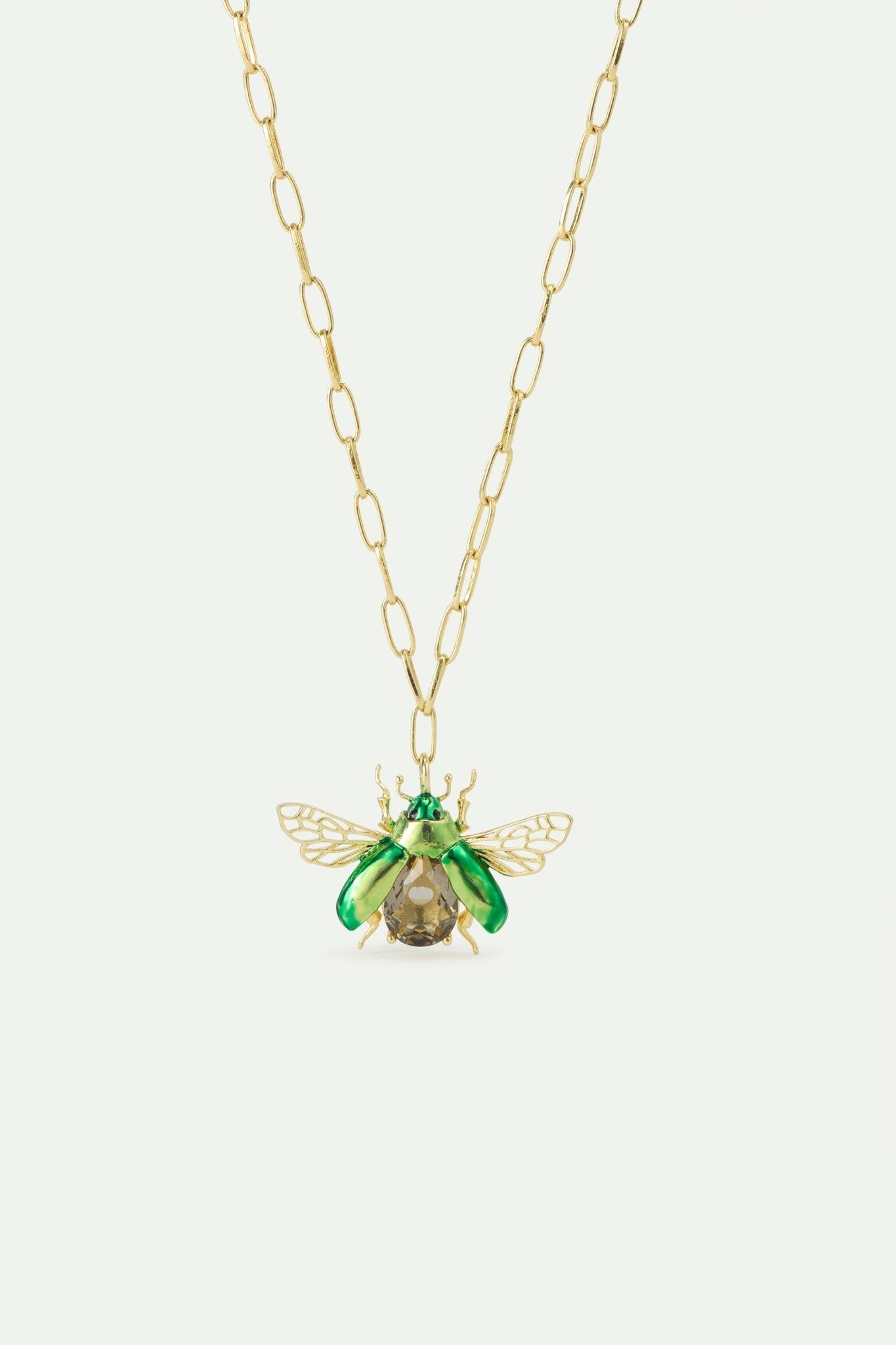 Flying Green Rose Chafer Pendant Necklace With Black Faceted Stone | AWCC3041 - Les Nereides