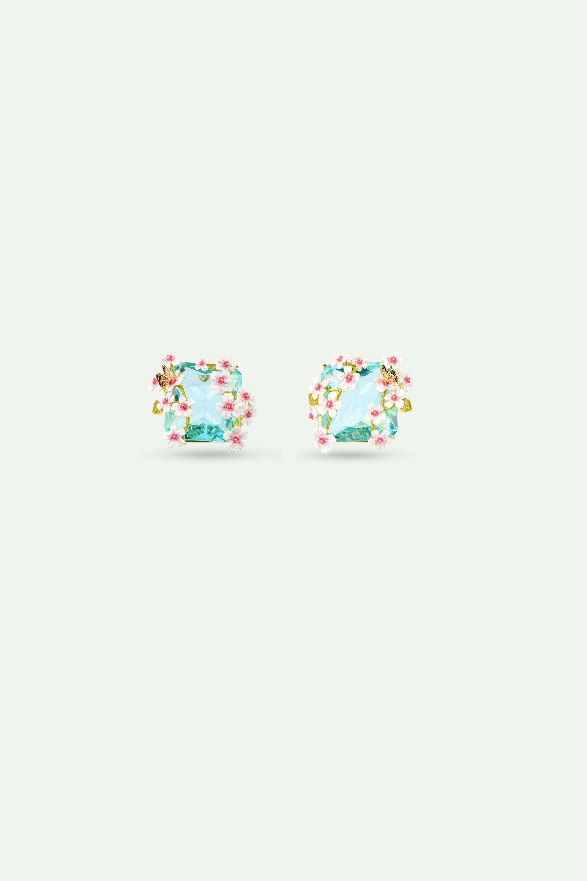 Square Blue Faceted Stone Earrings With White And Pink Hawthorn And A Butterfly | AYDF1041