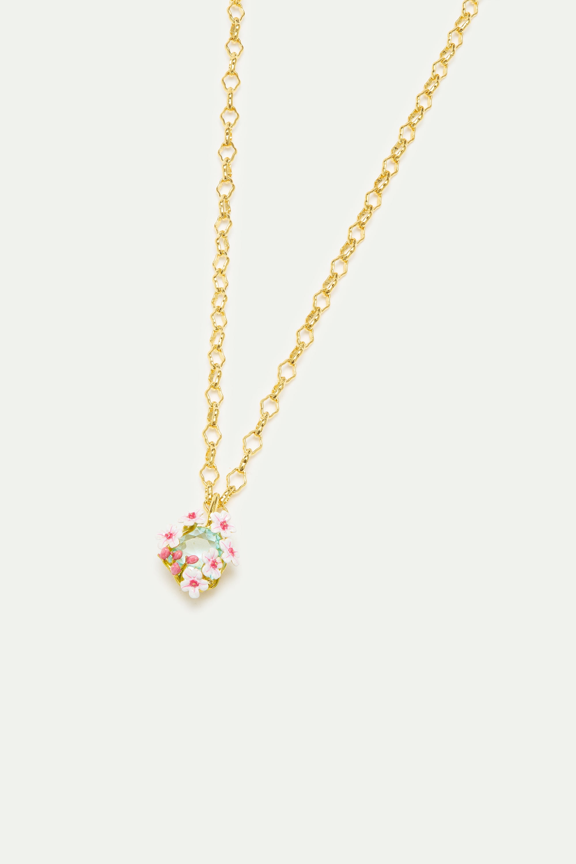 Round Blue Faceted Stone Pendant Necklace With White And Pink Hawthorn | AYDF3021