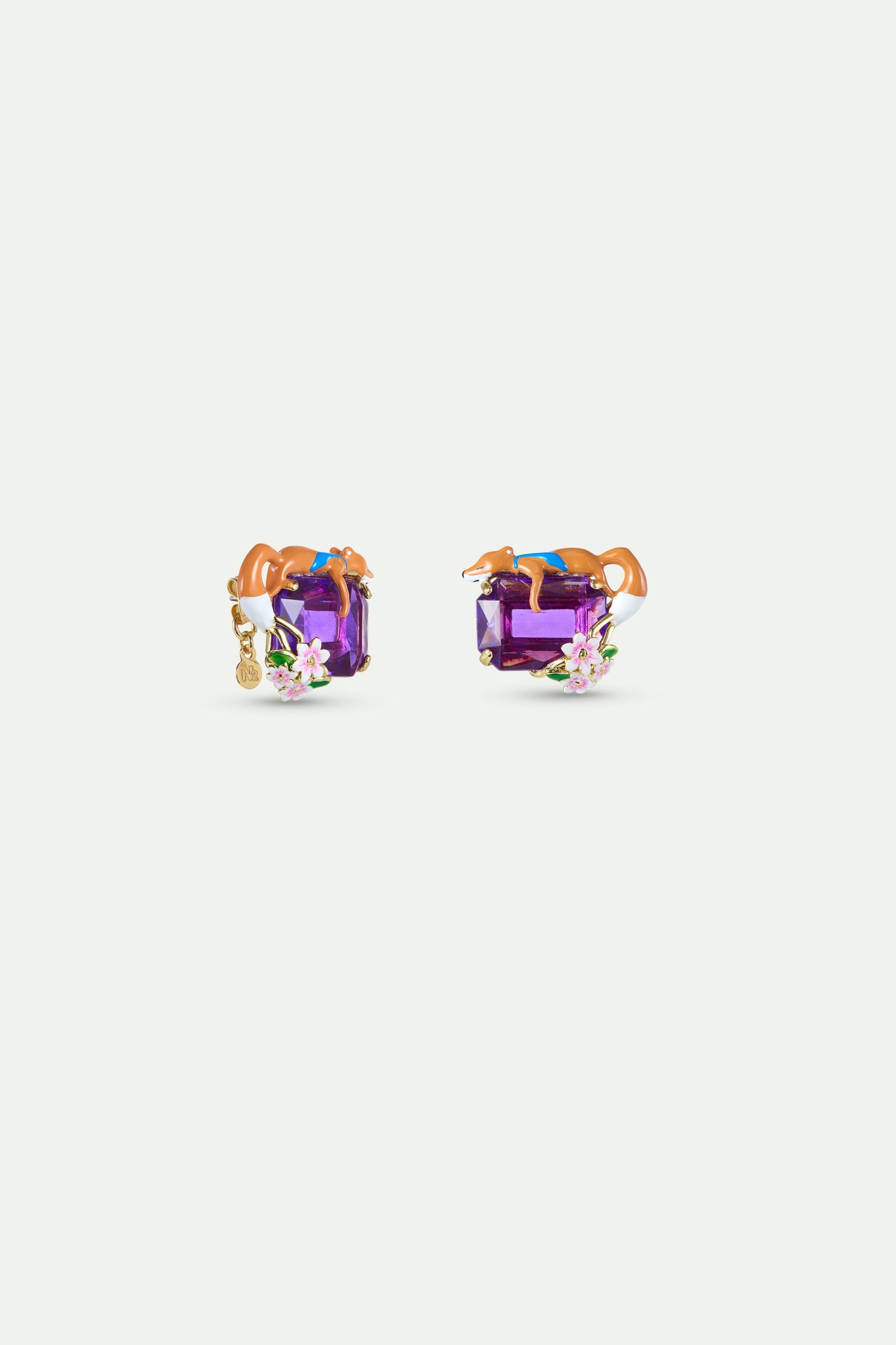 Purple Rectangular Stone, Fox And Flower Earrings | AYFB1021