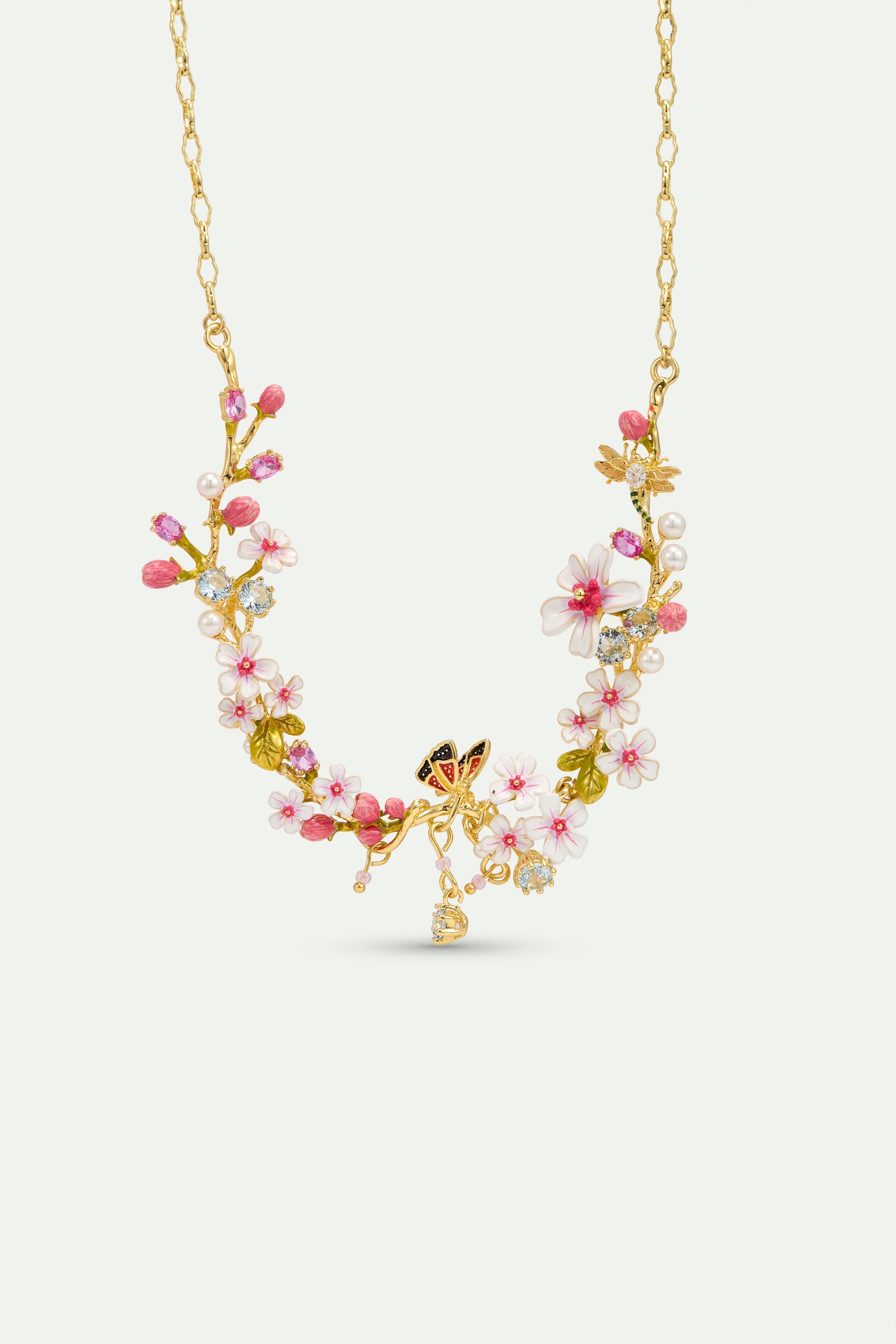 Statement Necklace With Hawthorn, Butterfly, Crystals And Pearls | AYDF3011