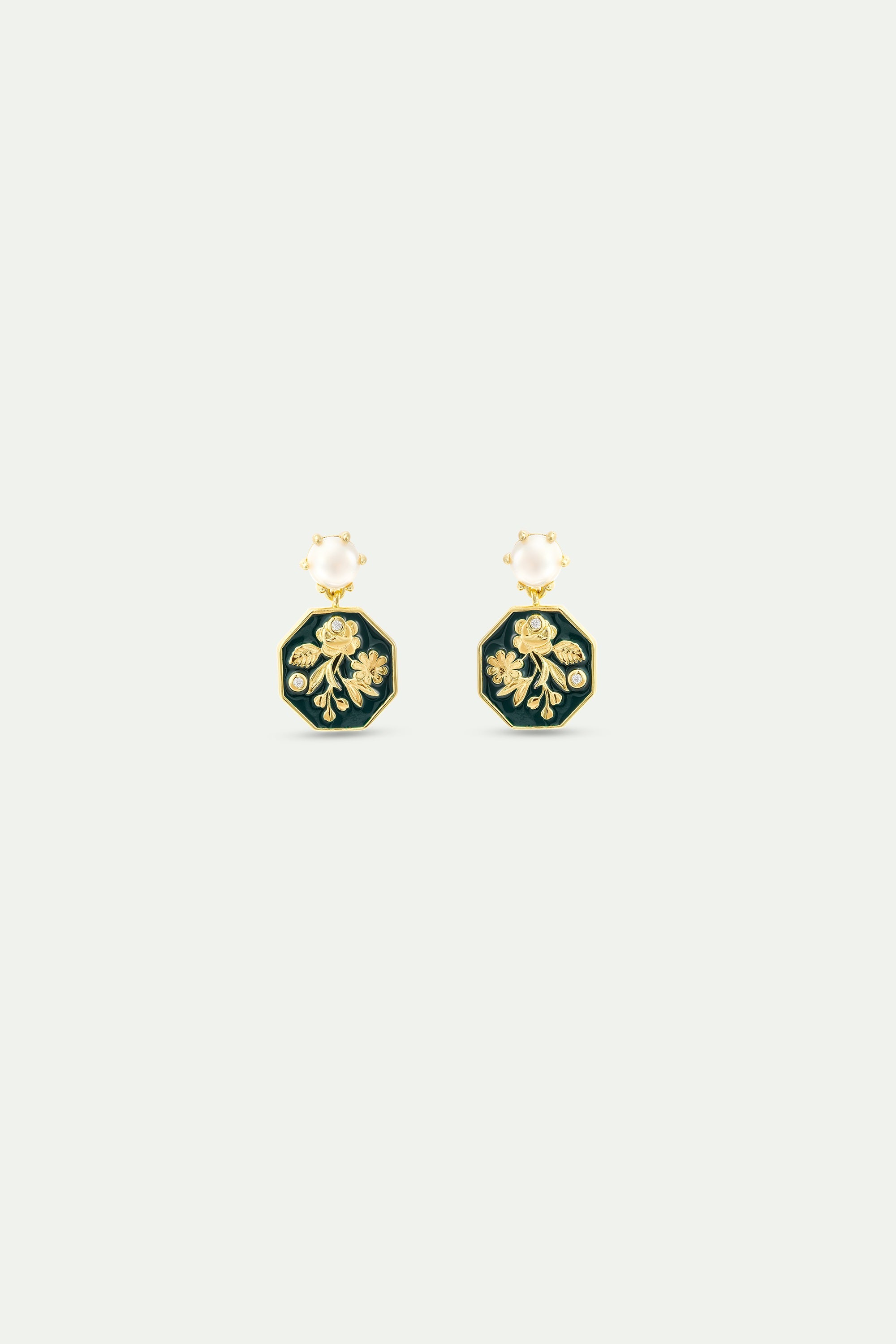 Black And Gold Peony Medallion Earrings With Cultured Pearls | AYOP1061