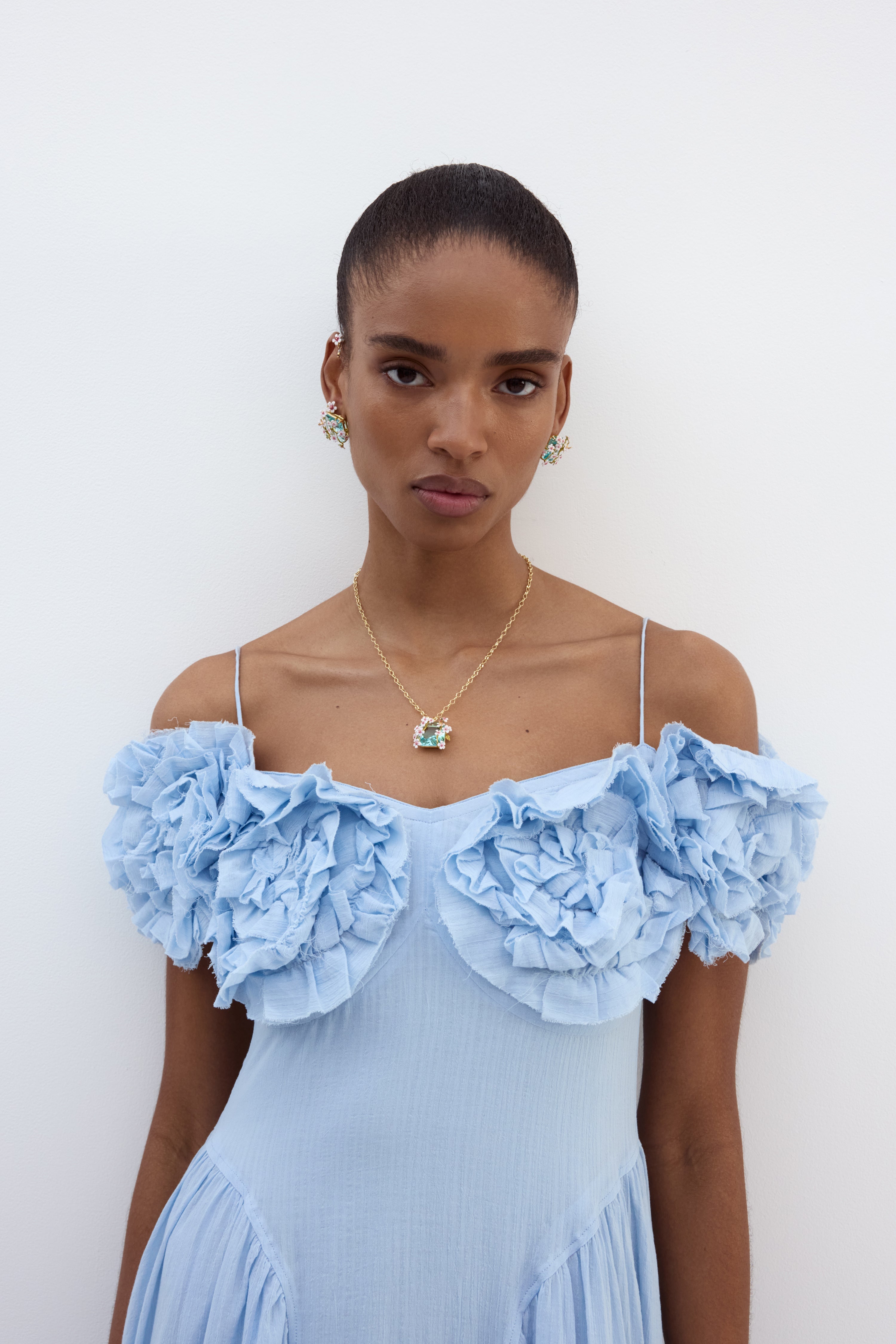 Necklace With A Faceted Blue Square Stone Pendant, White And Pink Hawthorns, And A Butterfly | AYDF3031