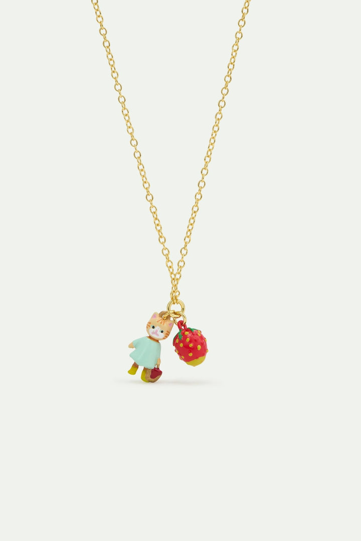 Ginger cat and fish, blue flower and raspberry pendant necklace | AVHP3041 - Les Nereides