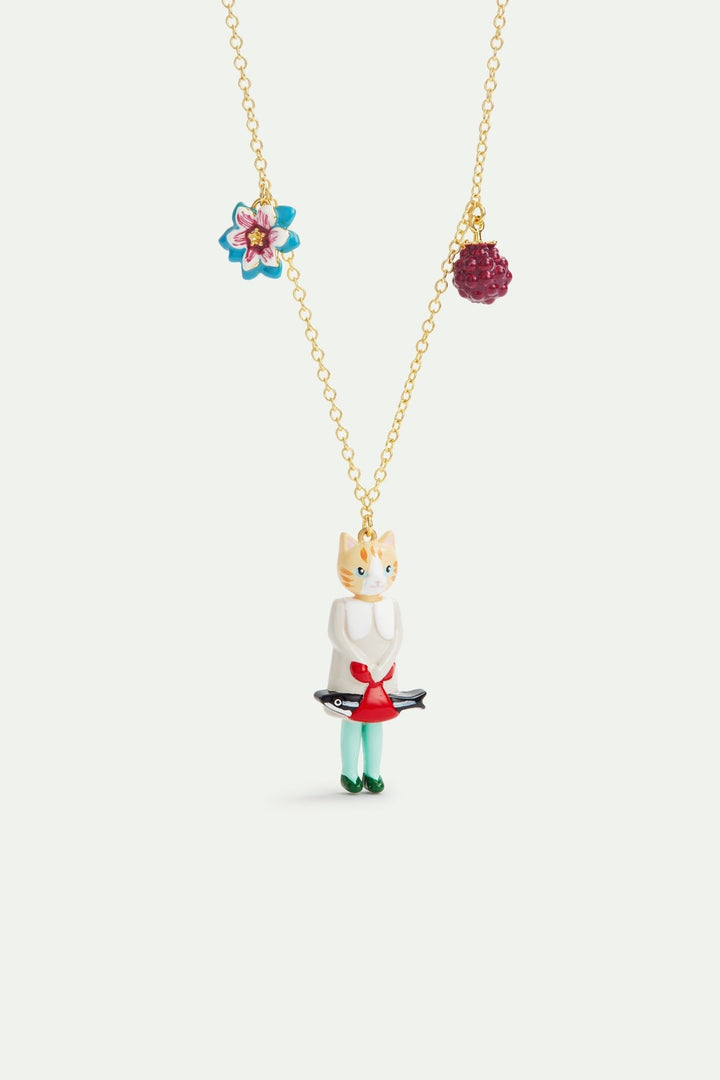Ginger cat and fish, blue flower and raspberry pendant necklace | AVHP3051 - Les Nereides