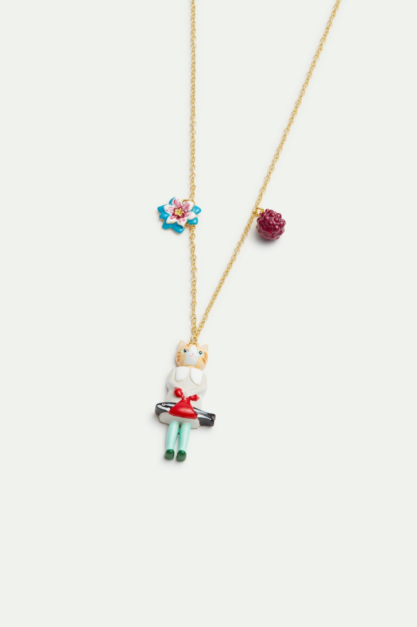 Ginger cat and fish, blue flower and raspberry pendant necklace | AVHP3051 - Les Nereides