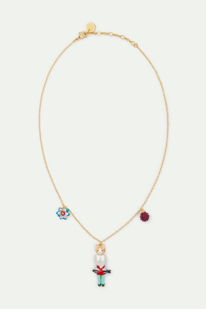 Ginger cat and fish, blue flower and raspberry pendant necklace | AVHP3051 - Les Nereides