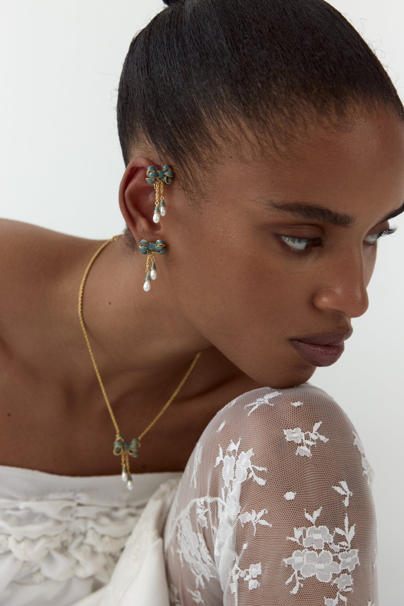 Gold And Blue Ribbon, And Cultured Pearl Dangle Earrings | AYOP1051 - Les Nereides