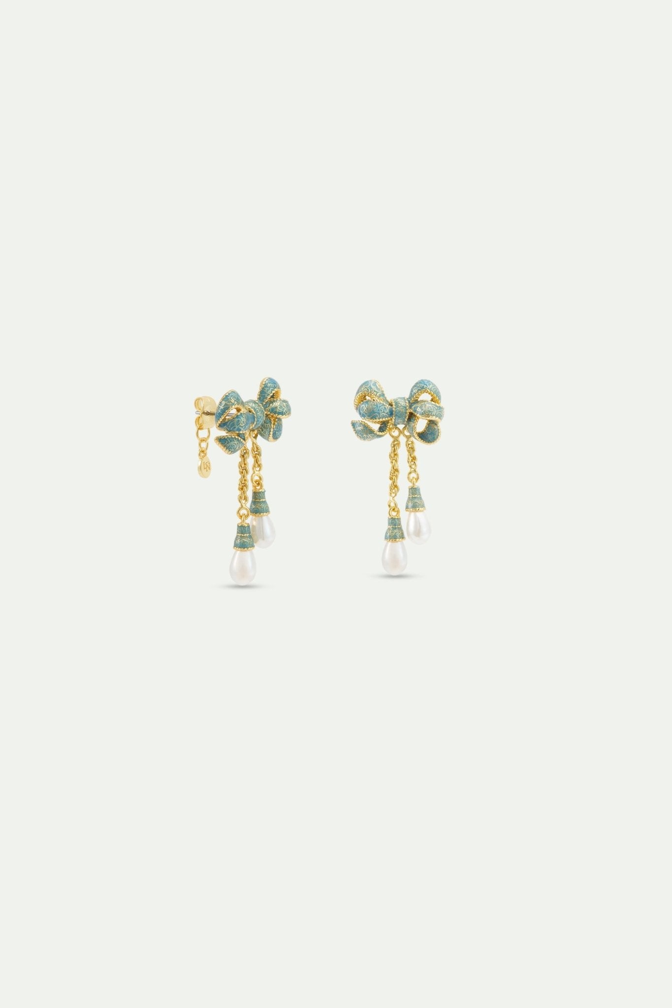 Gold And Blue Ribbon, And Cultured Pearl Dangle Earrings | AYOP1051 - Les Nereides