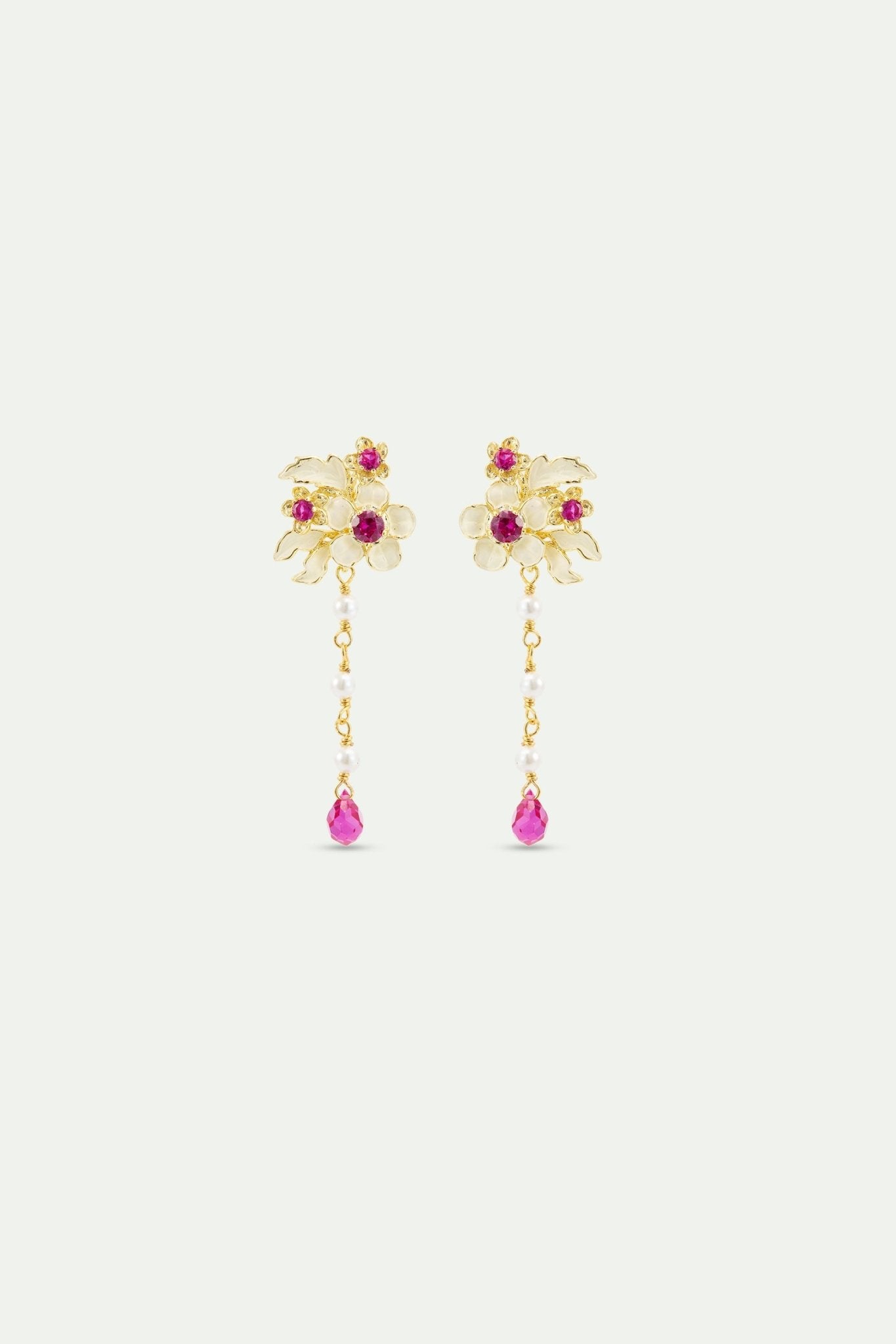 Gold Anemone Dangle Earrings With Pink Crystals And Cultured Pearls | AYOP1021 - Les Nereides