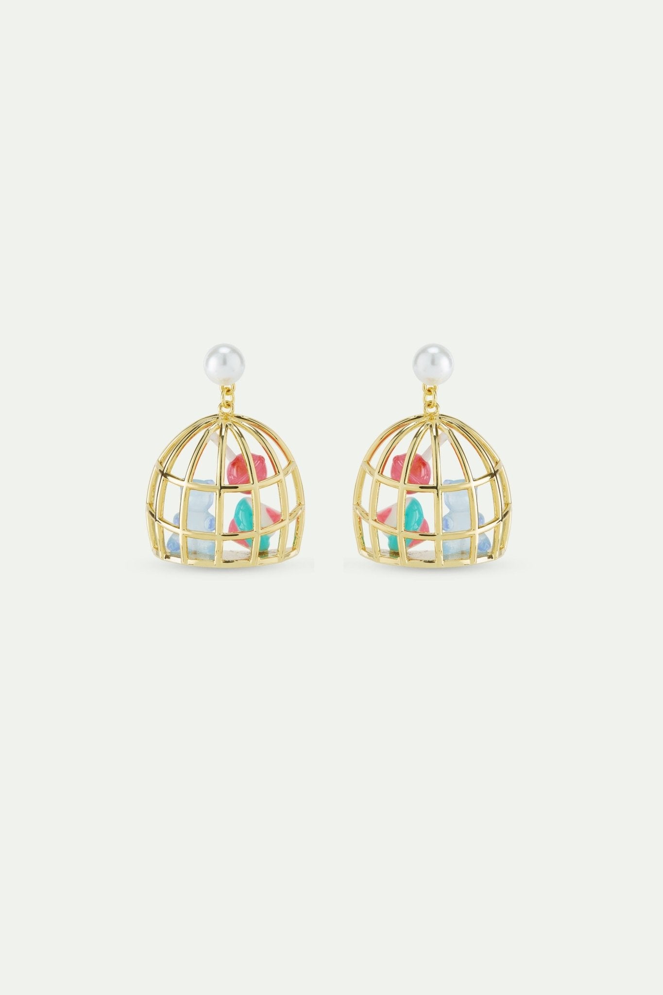 Gold Cage Earrings With Blue Teddy Bear Sweet, Marshmallow And Lollipop | AWMC1031 - Les Nereides