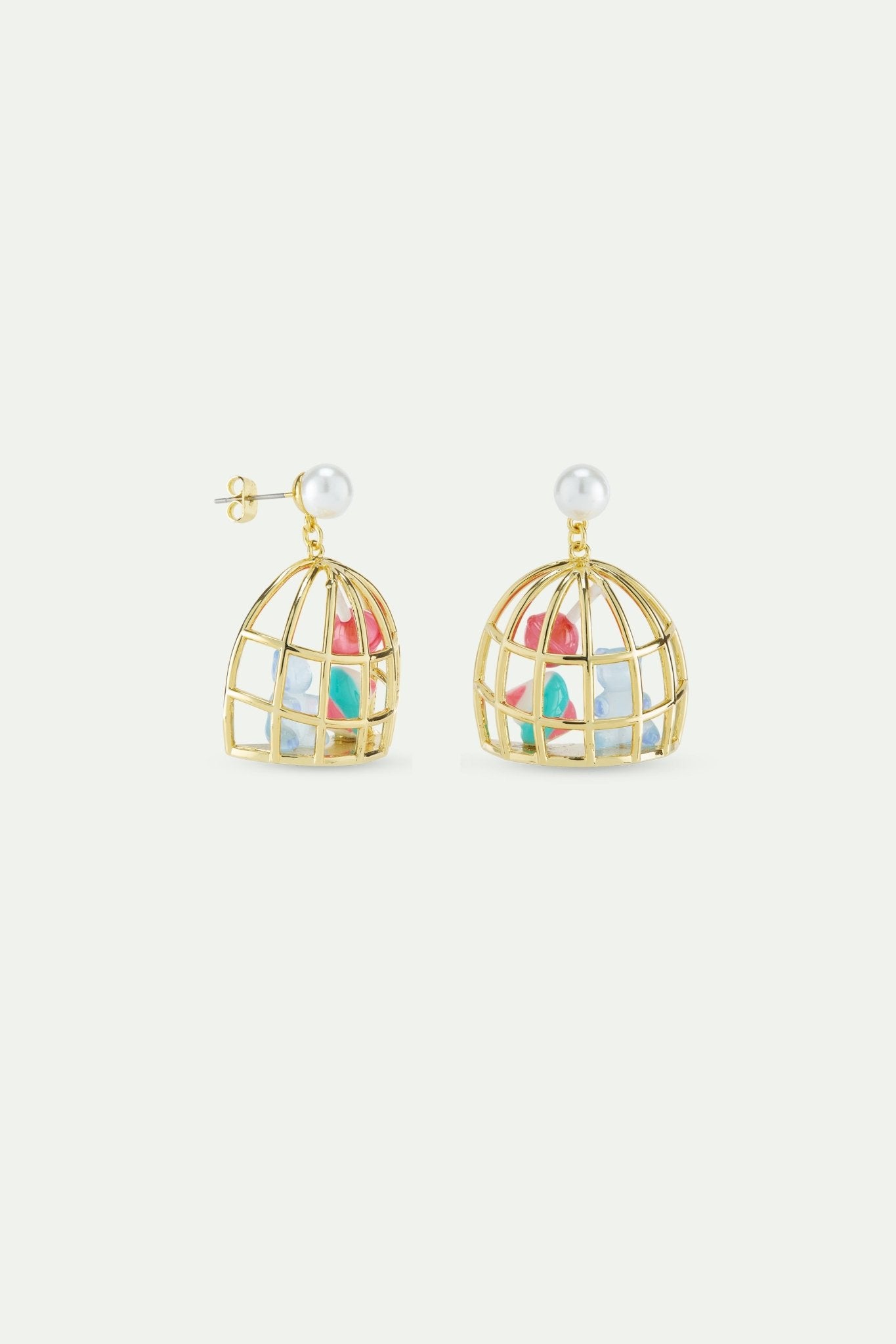 Gold Cage Earrings With Blue Teddy Bear Sweet, Marshmallow And Lollipop | AWMC1031 - Les Nereides