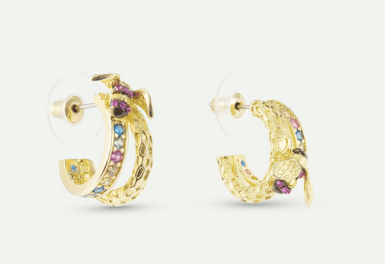 Gold Hoop Earrings With Bee And Multicoloured Stones | AXAM1051 - Les Nereides