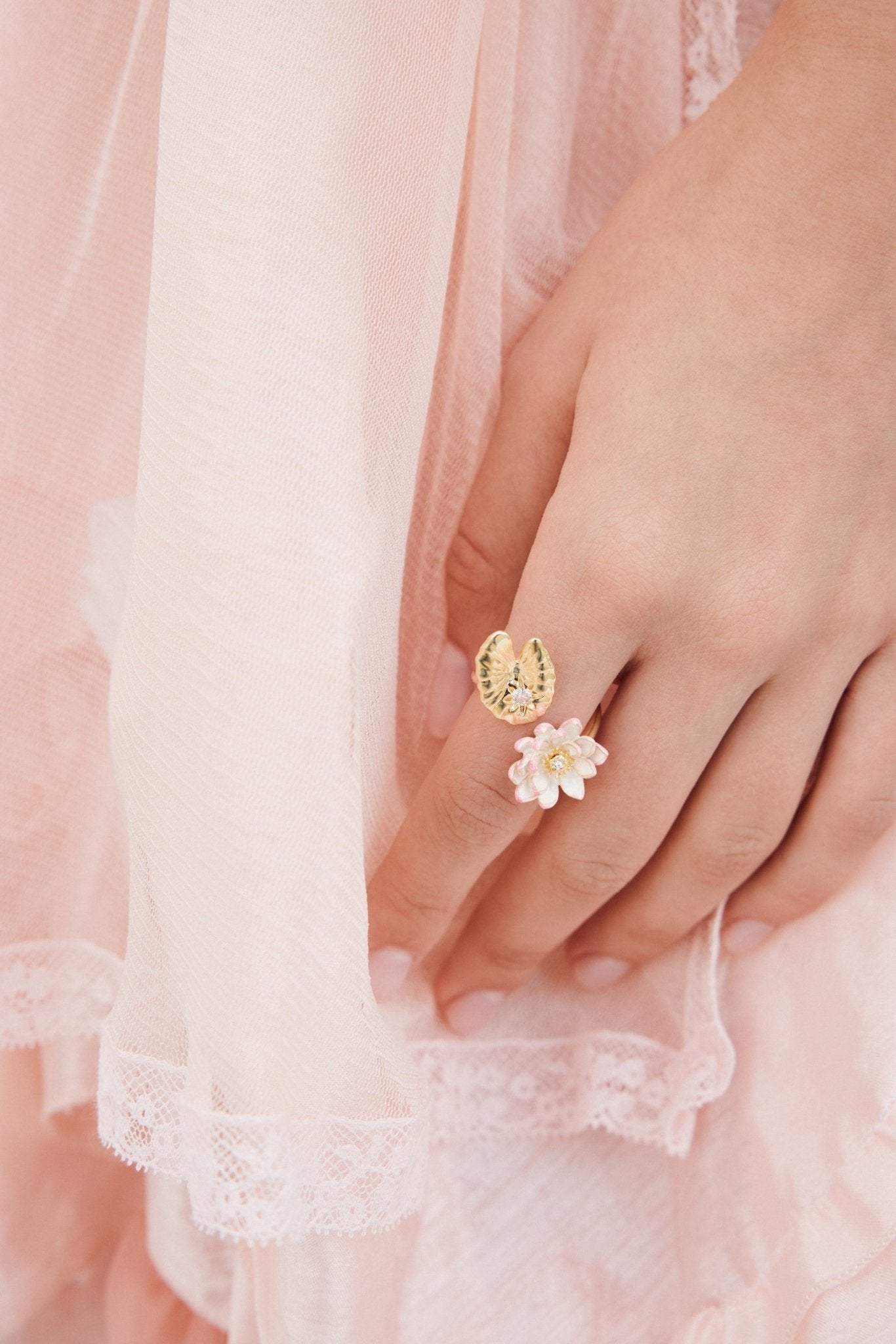 Gold Lotus And Pink Water Lily Adjustable Ring | AXON6031 - Les Nereides