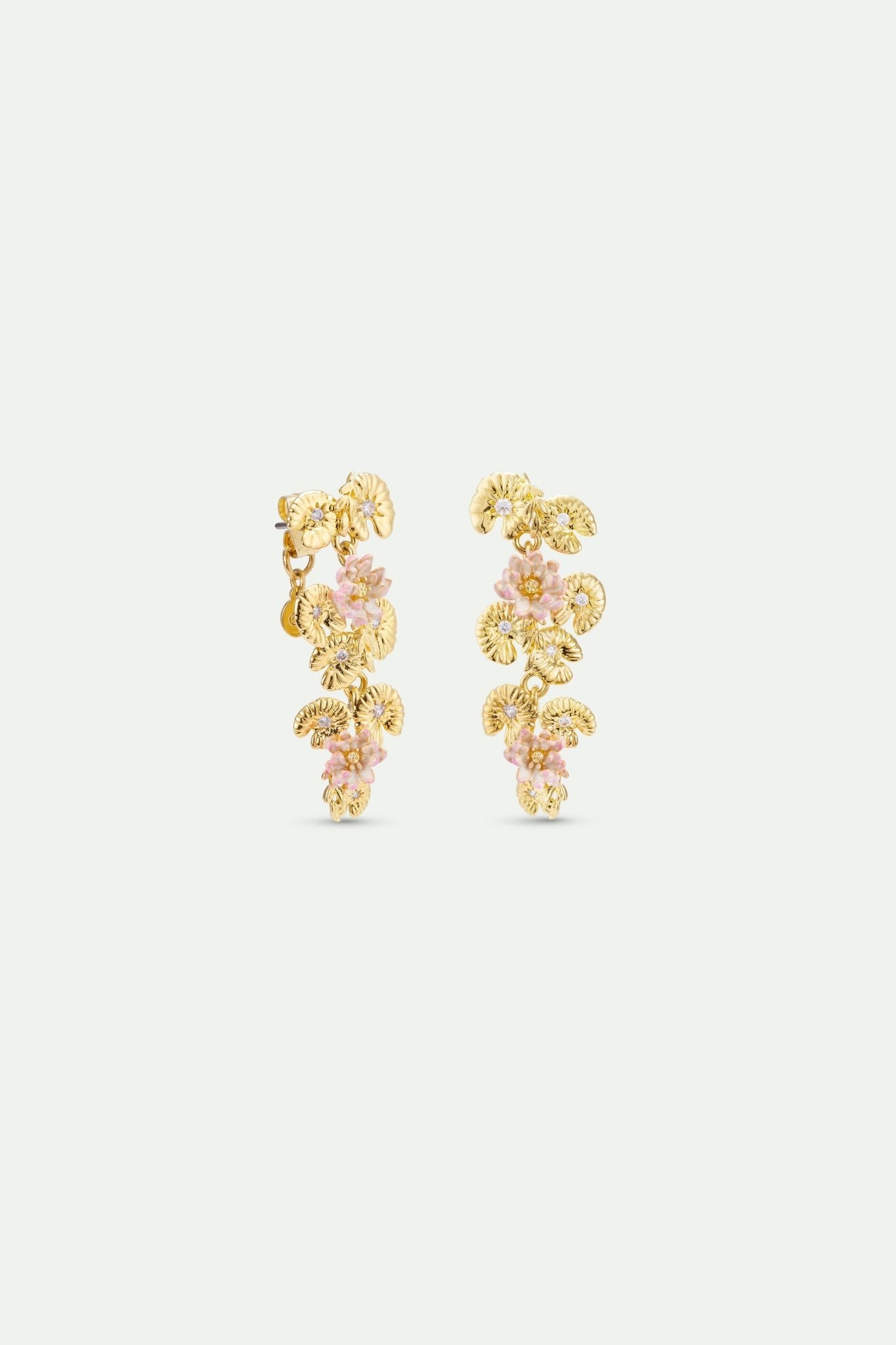 Gold Lotus And Pink Water Lily Dangle Earrings | AXON1051 - Les Nereides