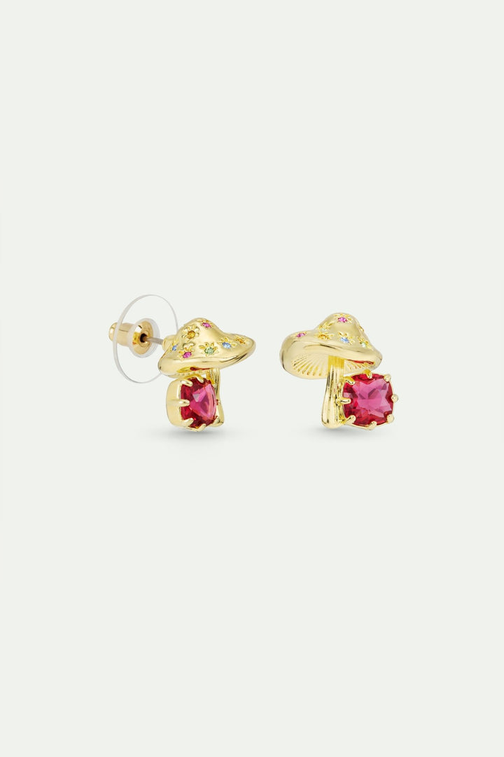 Gold Mushroom And Pink Faceted Stone Earrings | AWBB1071 - Les Nereides