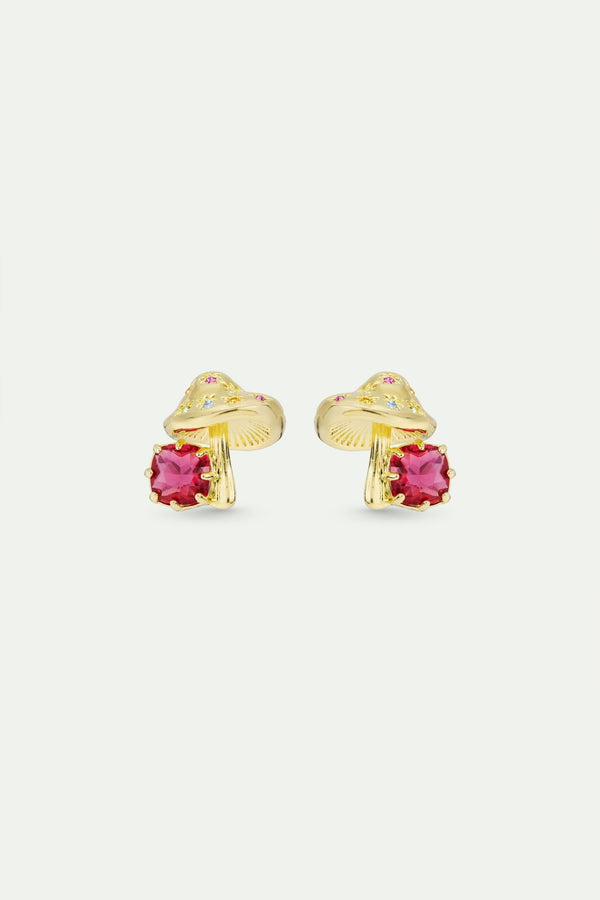 Gold Mushroom And Pink Faceted Stone Earrings | AWBB1071 - Les Nereides