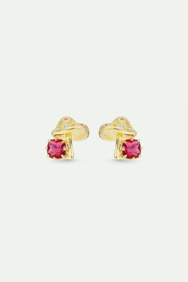 Gold Mushroom And Pink Faceted Stone Earrings | AWBB1071 - Les Nereides