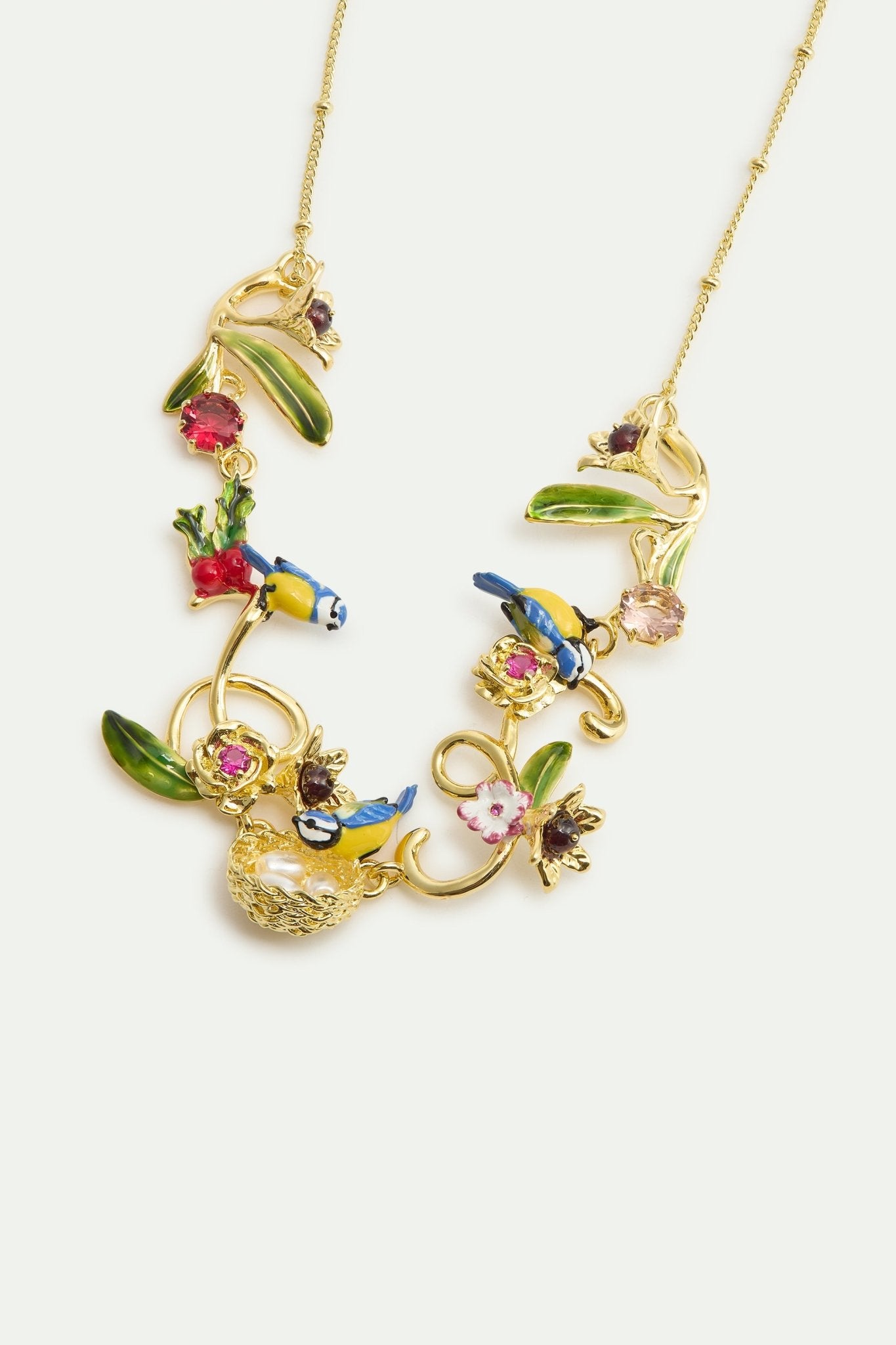 Gold Nest Necklace With Blue Titmouse, Pearls And Pink Stones | AXAM3051 - Les Nereides