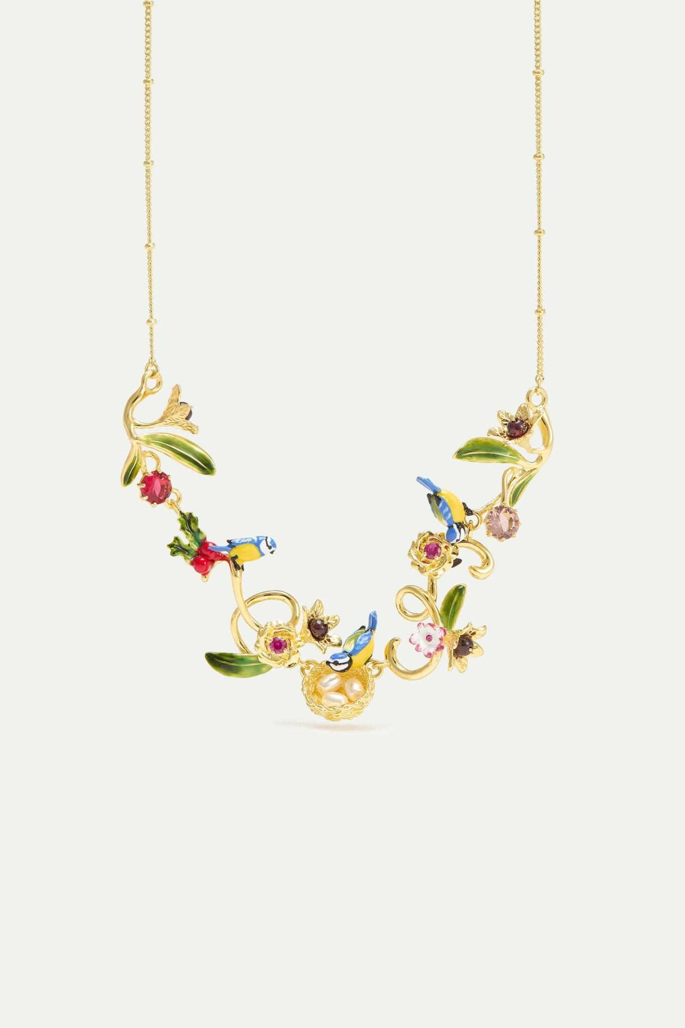 Gold Nest Necklace With Blue Titmouse, Pearls And Pink Stones | AXAM3051 - Les Nereides