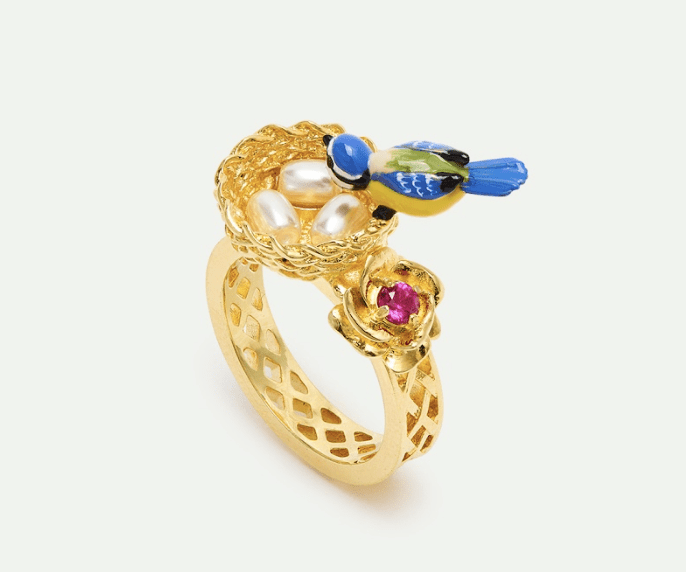 Gold Nest Ring With Blue Titmouse And Rose | AXAM6041 - Les Nereides