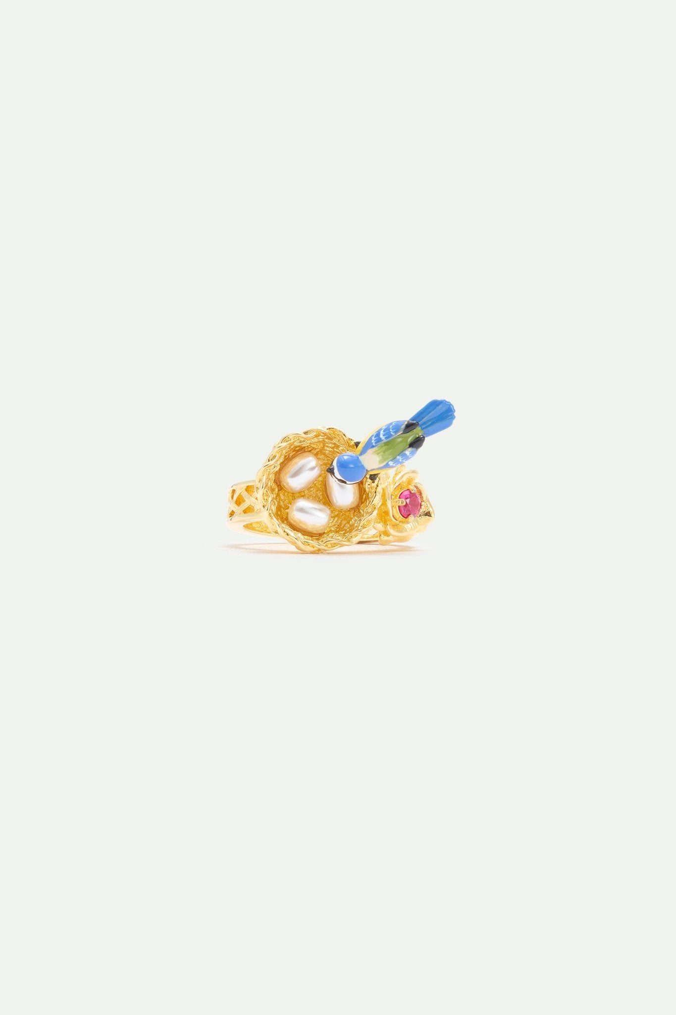 Gold Nest Ring With Blue Titmouse And Rose | AXAM6041 - Les Nereides