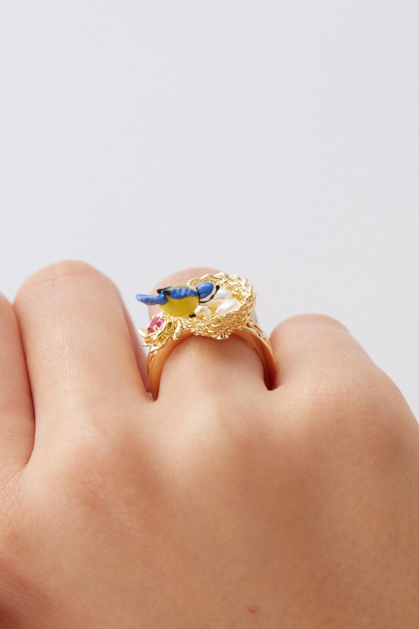 Gold Nest Ring With Blue Titmouse And Rose | AXAM6041 - Les Nereides