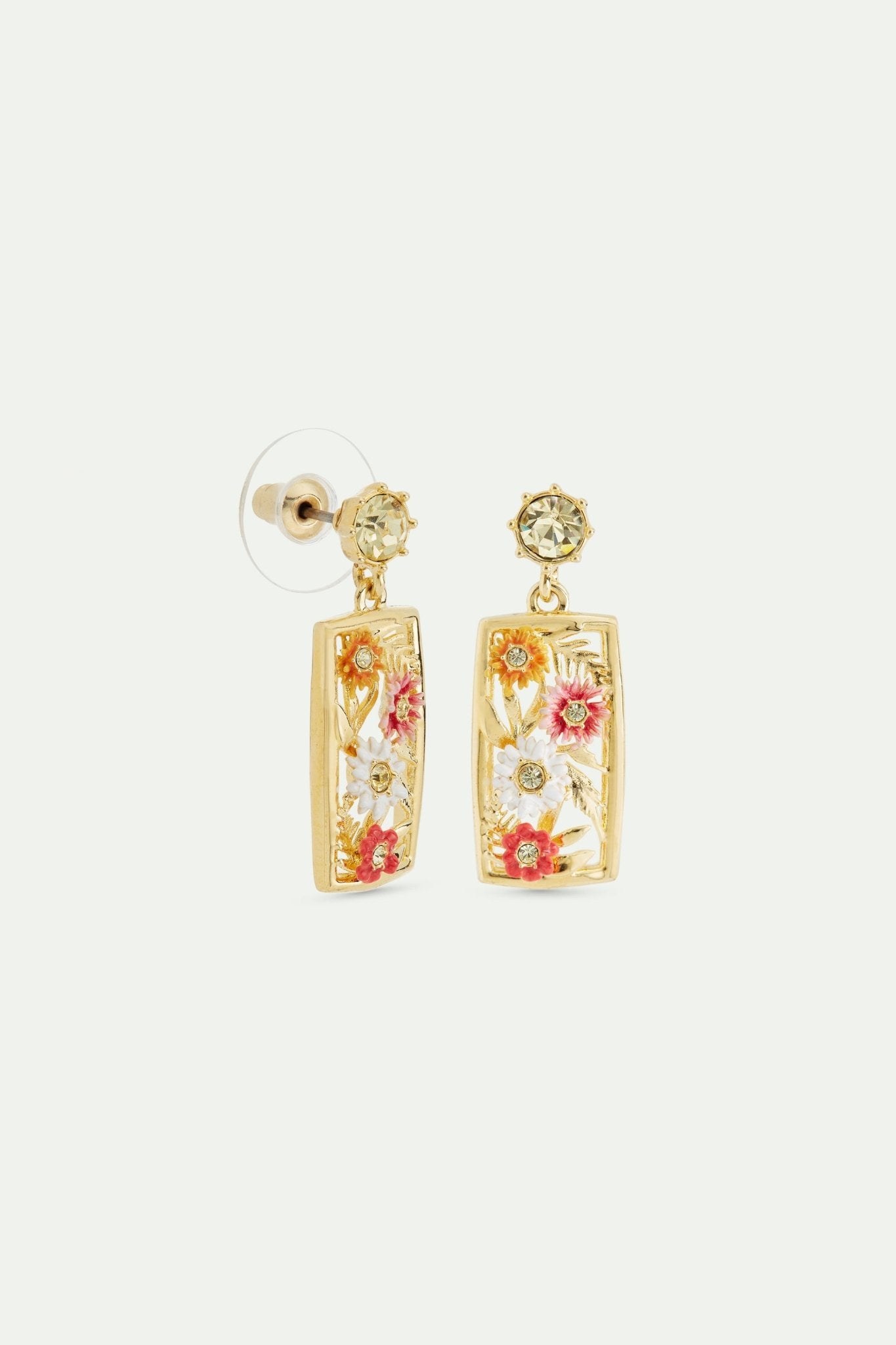 Gold - plated openwork sleeper earrings with zinnias and faceted yellow crystal | AVJC1091 - Les Nereides