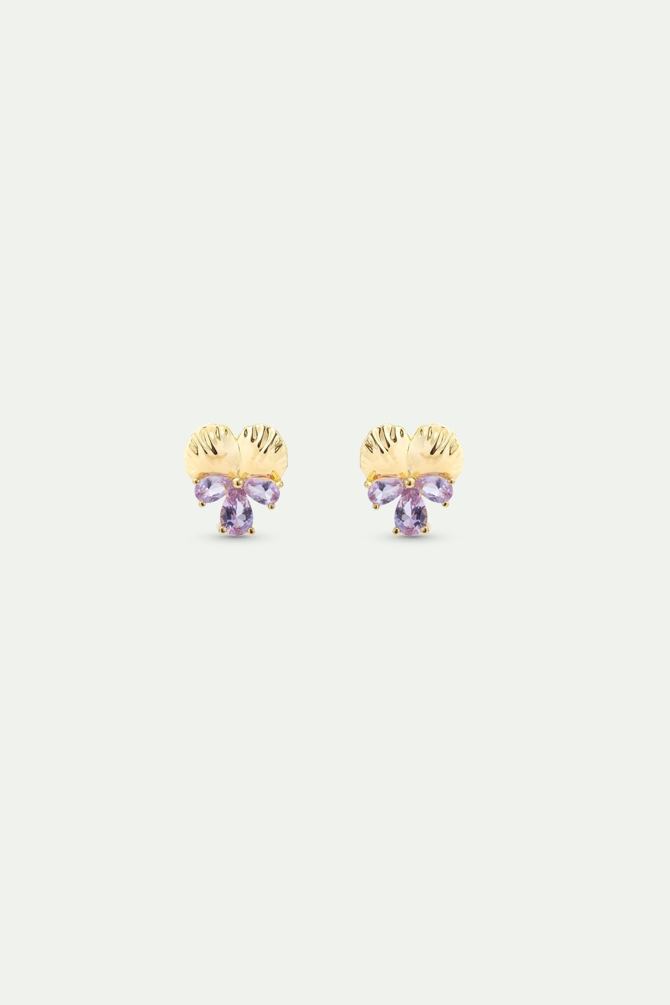 Gold Post Earrings With Pansies and Pink Stones | AYNF1011 - Les Nereides