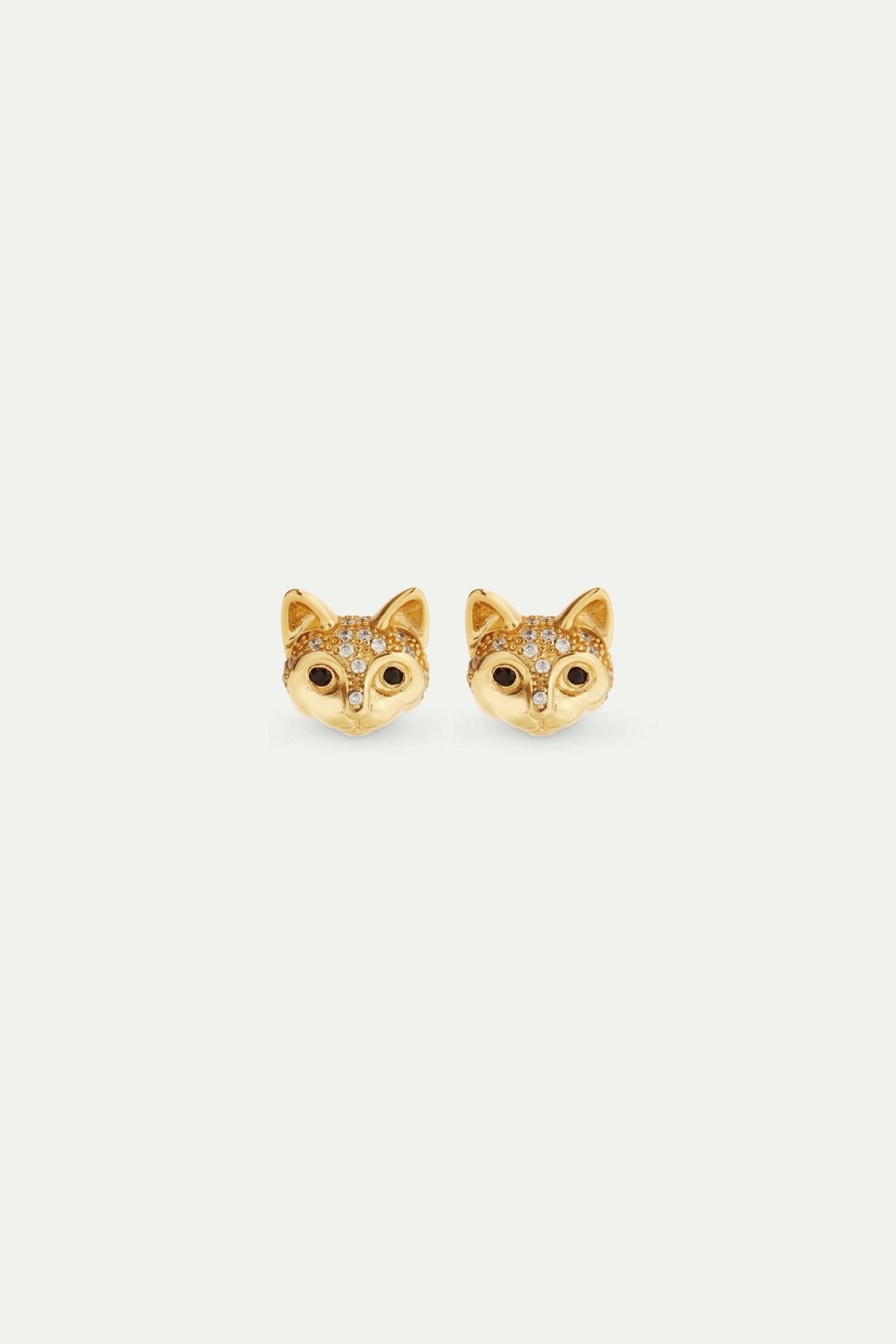 Golden cat head and crystal post earrings | AVLA1011 - Les Nereides