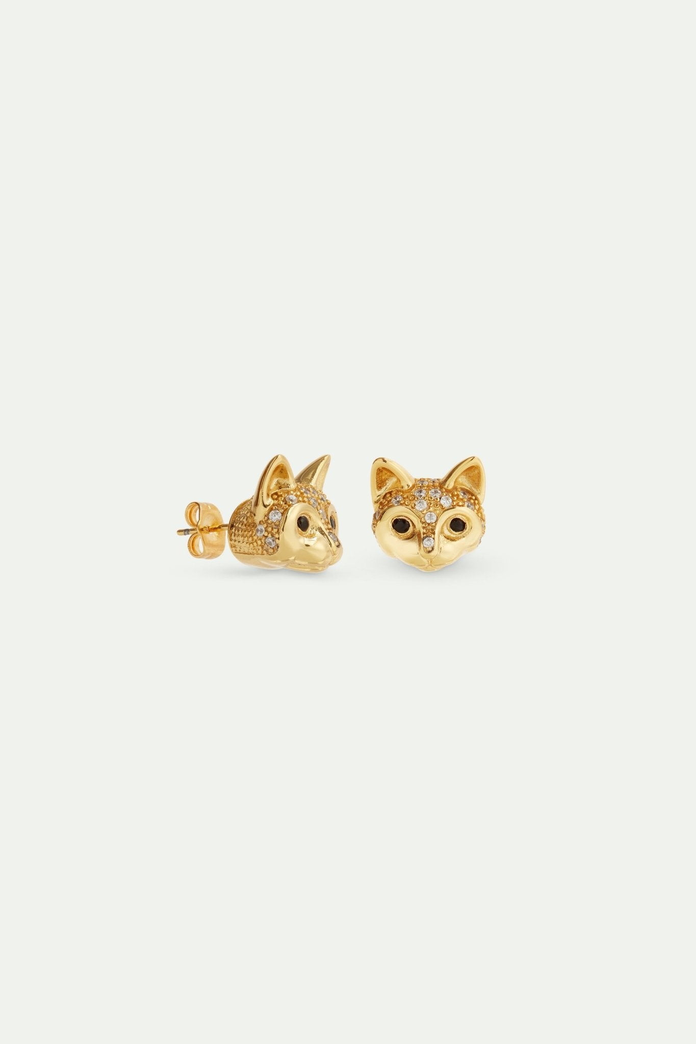 Golden cat head and crystal post earrings | AVLA1011 - Les Nereides