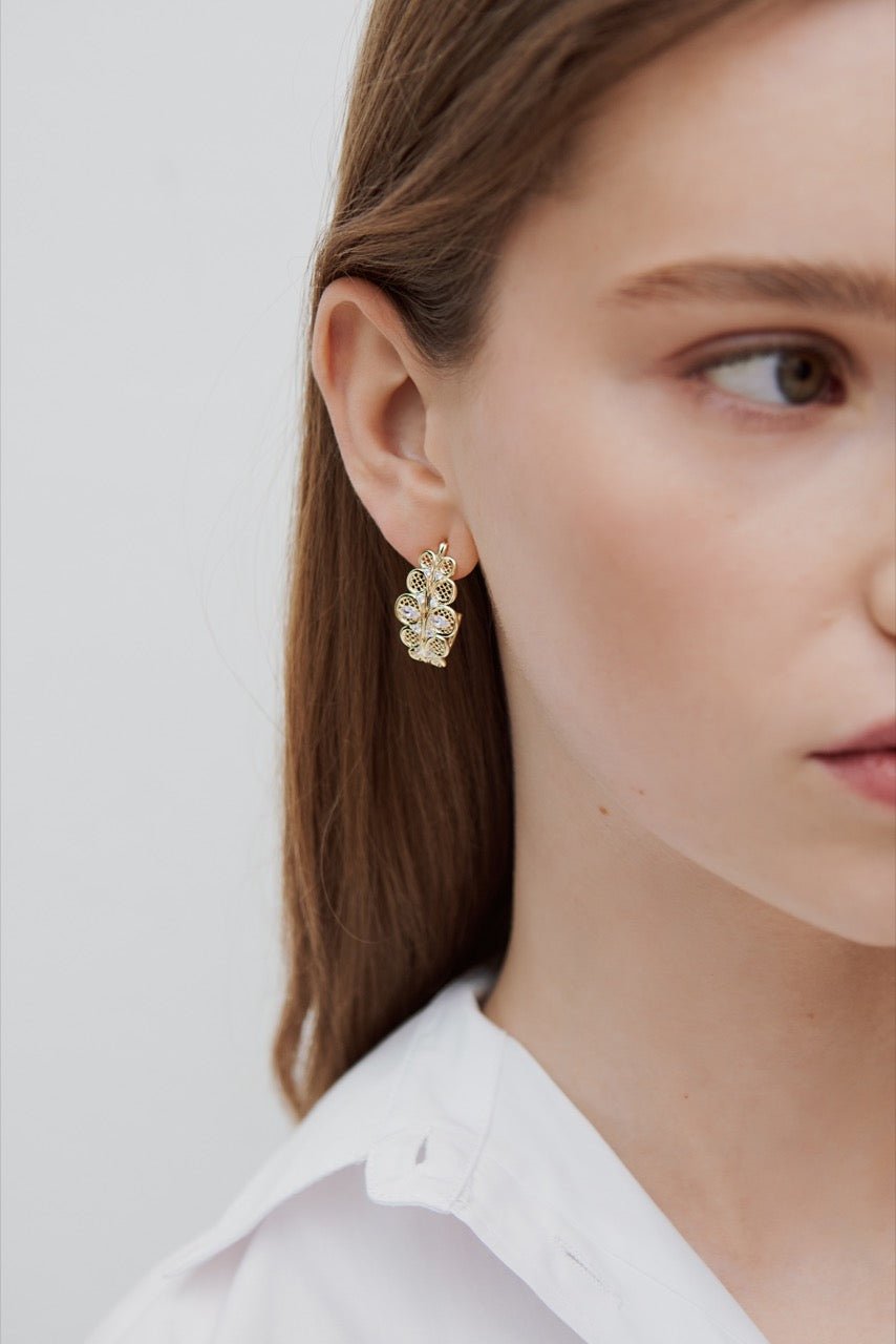 Golden Filigree Hoop Earrings With Crystals | AWOP1011 - Les Nereides