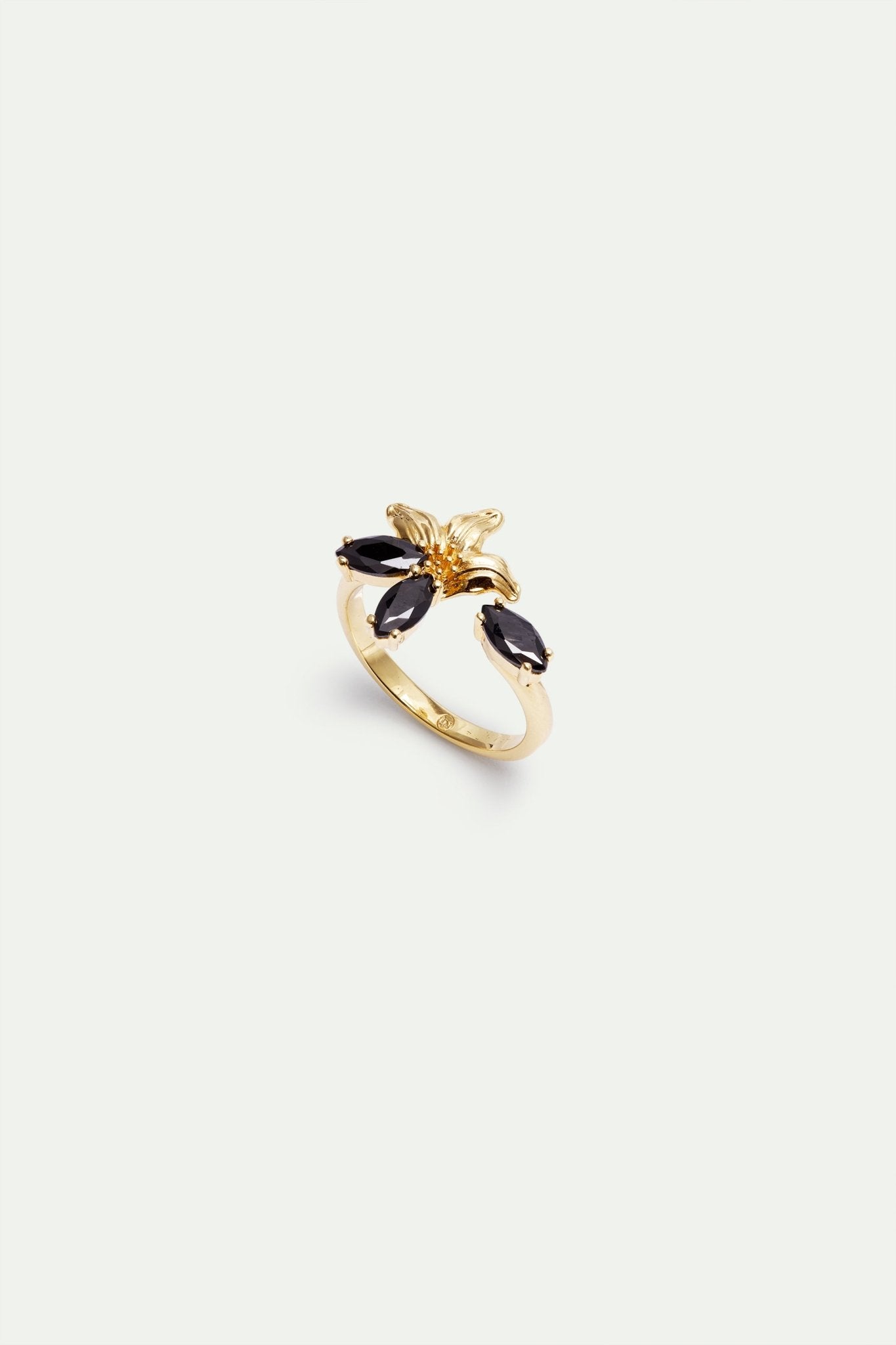 Golden Lily And Black Stone Adjustable Ring | AXNF6071 - Les Nereides