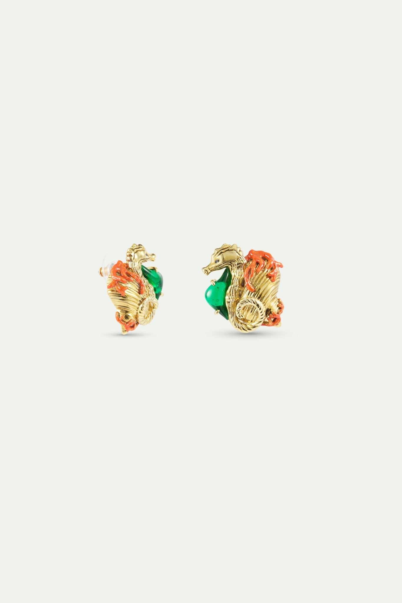 Golden Seahorse And Green Stone Earrings | AXMO1021 - Les Nereides