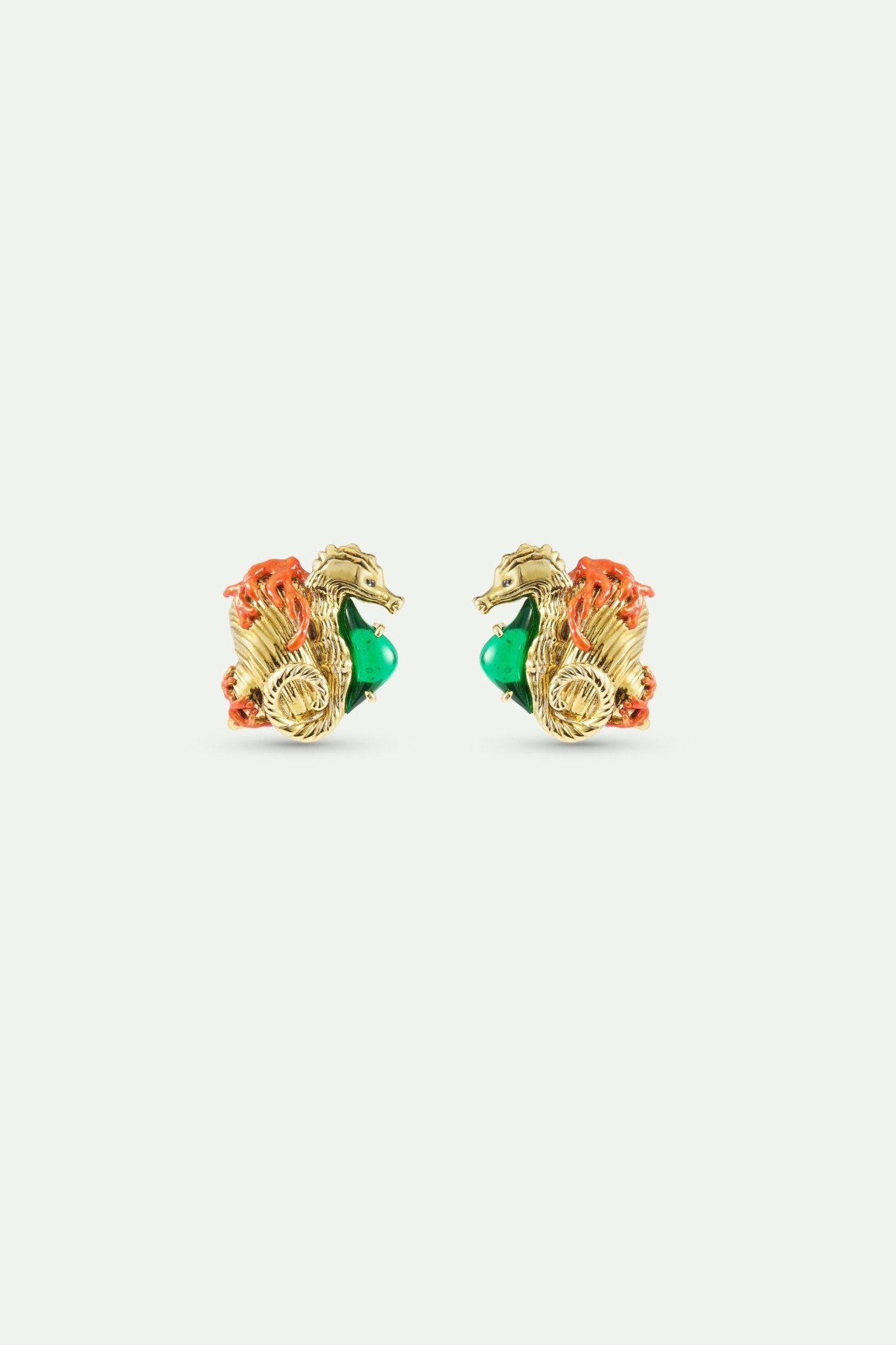Golden Seahorse And Green Stone Earrings | AXMO1021 - Les Nereides