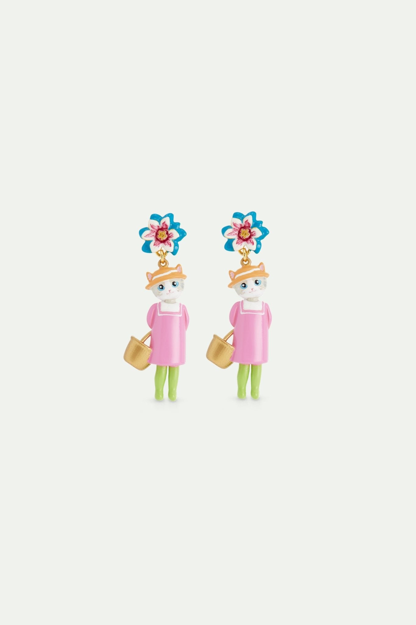 Grey cat and blue flower dangle earrings | AVHP1021 - Les Nereides
