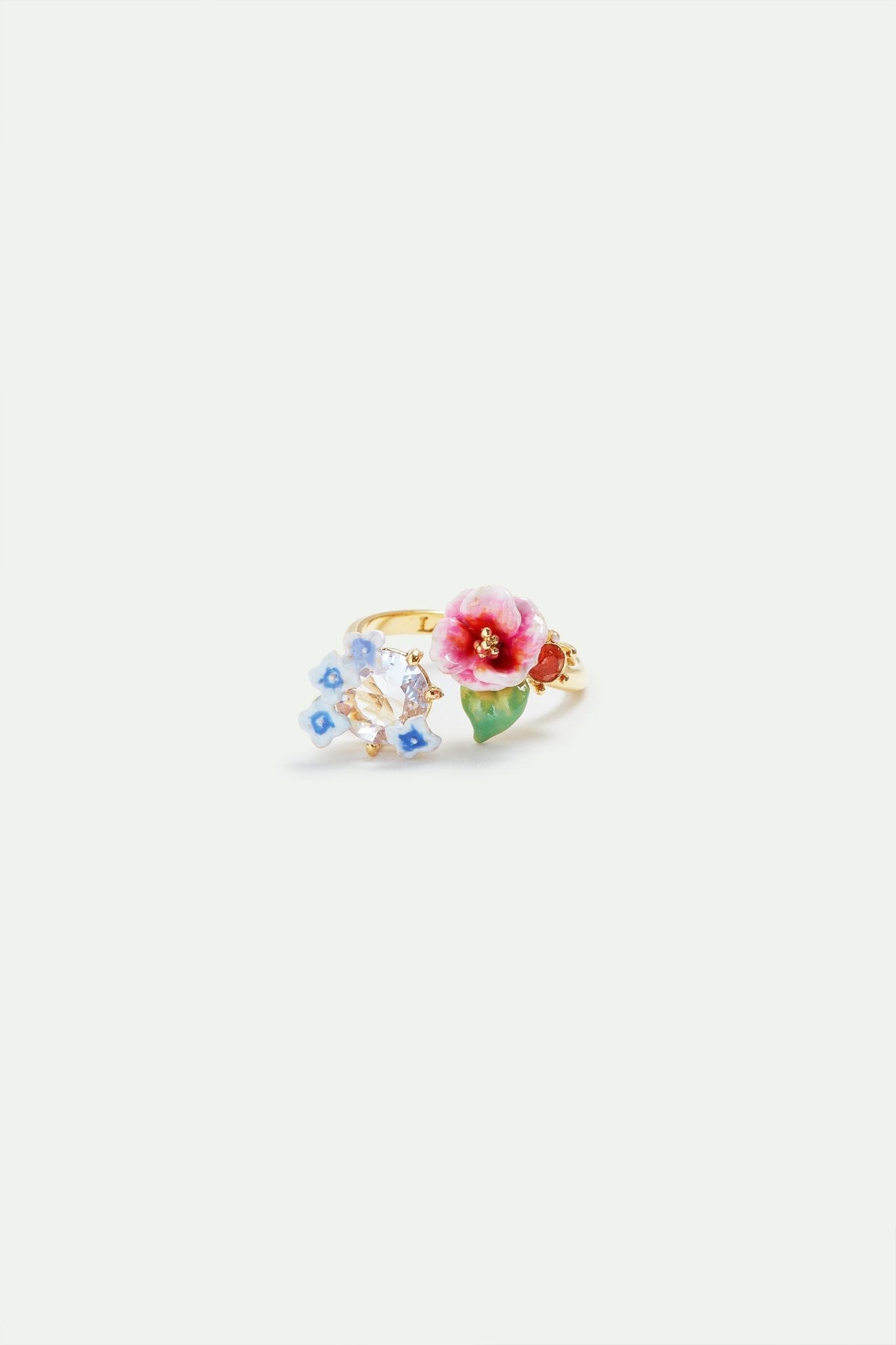 Hydrangea flower and round faceted crystal stone adjustable ring | AVJH6021 - Les Nereides