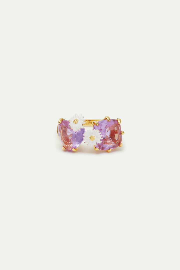 Lavender Diamantine square and heart - shaped stone you and me adjustable ring with daisies | AVLD6182 - Les Nereides