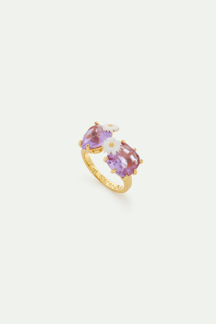 Lavender Diamantine square and heart - shaped stone you and me adjustable ring with daisies | AVLD6182 - Les Nereides
