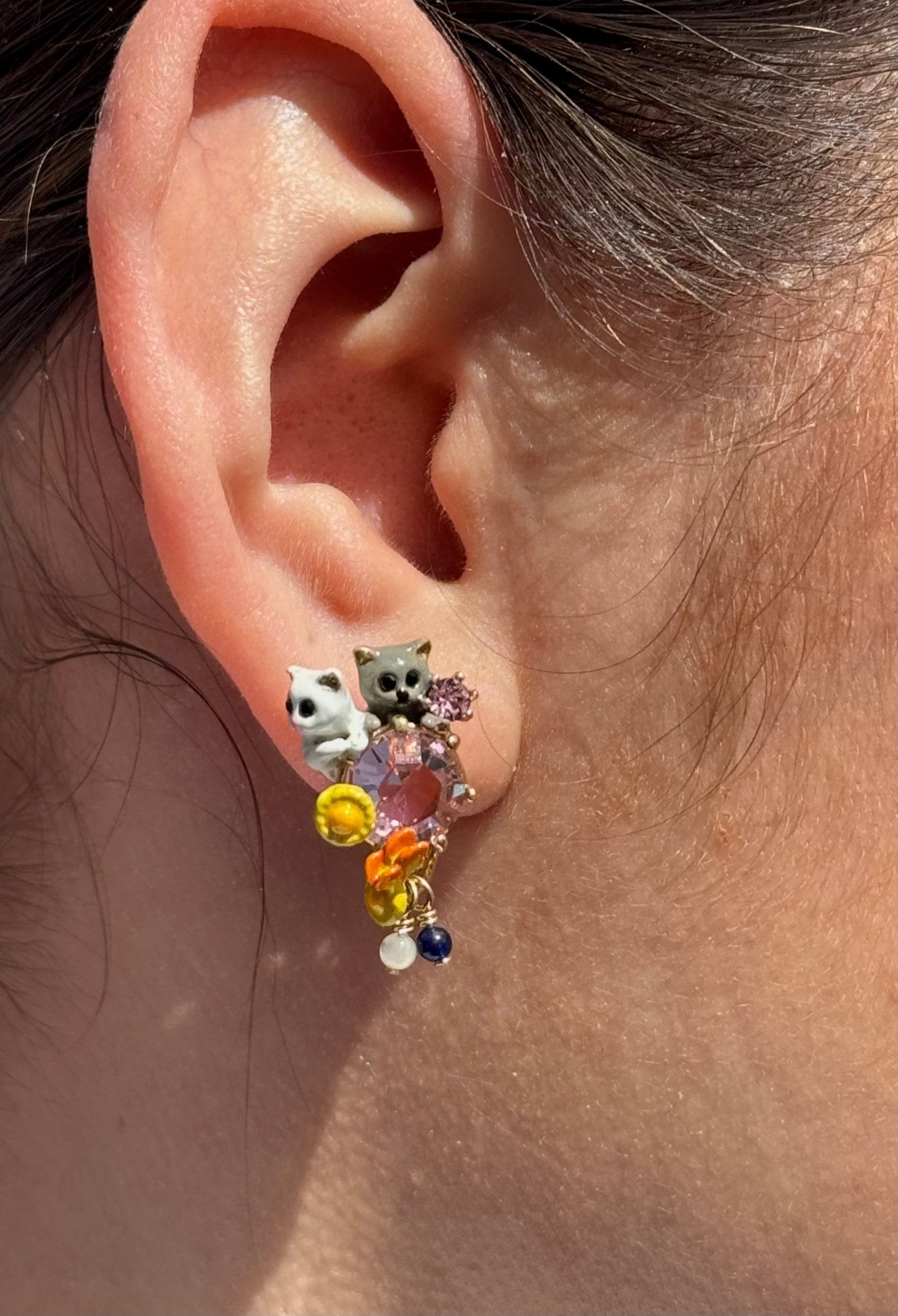 Little Cats White & Black Cats With Pink Crystal Stone & Beads Earrings | AFLC1041 - Les Nereides
