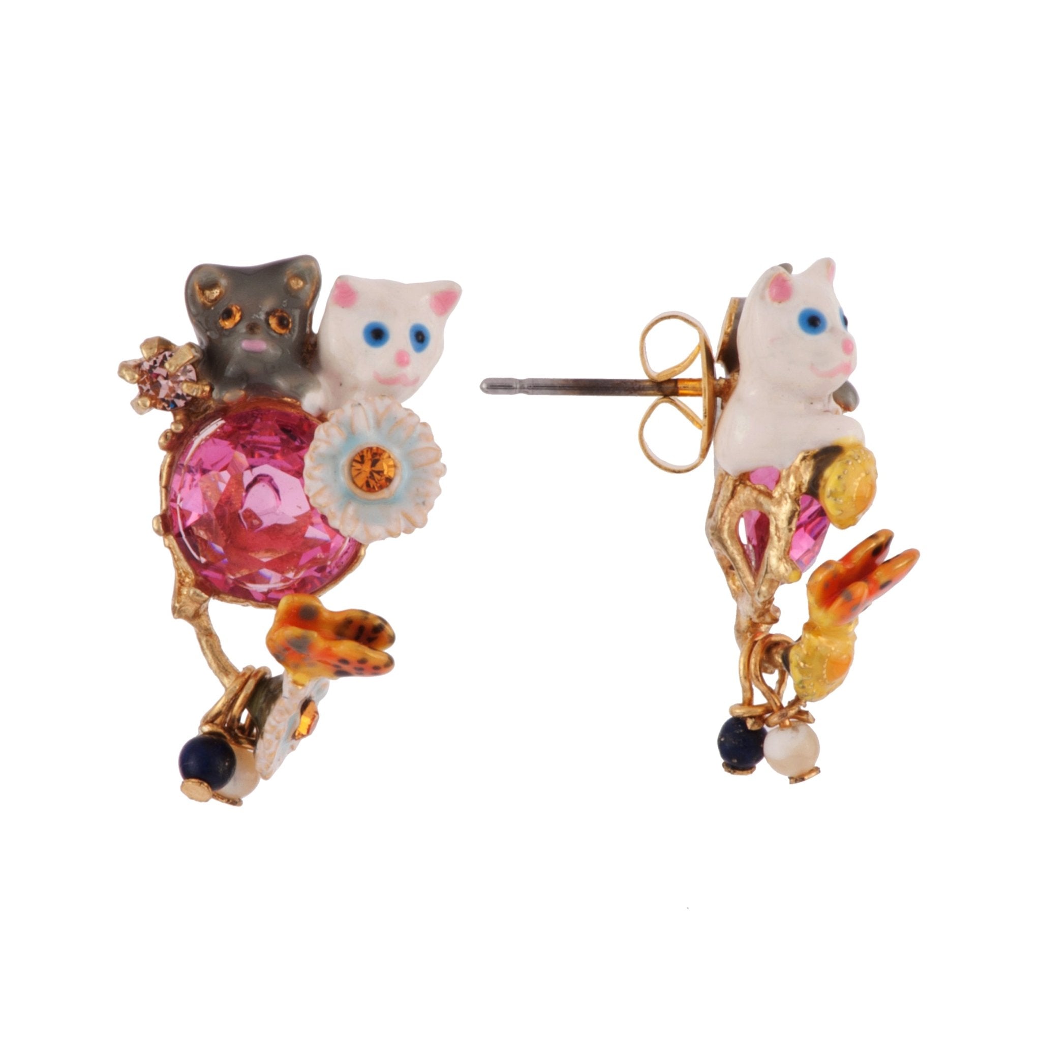 Little Cats White & Black Cats With Pink Crystal Stone & Beads Earrings | AFLC1041 - Les Nereides