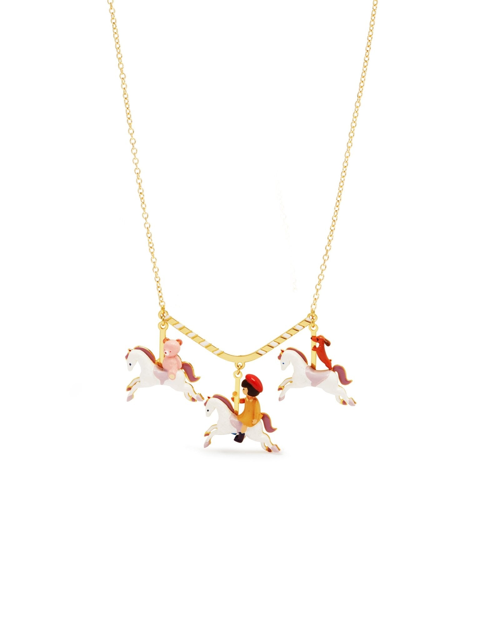 Little Girl, Dachshund And Teddy Bear On A Carousel Statement Necklace | AUTO3041 - Les Nereides