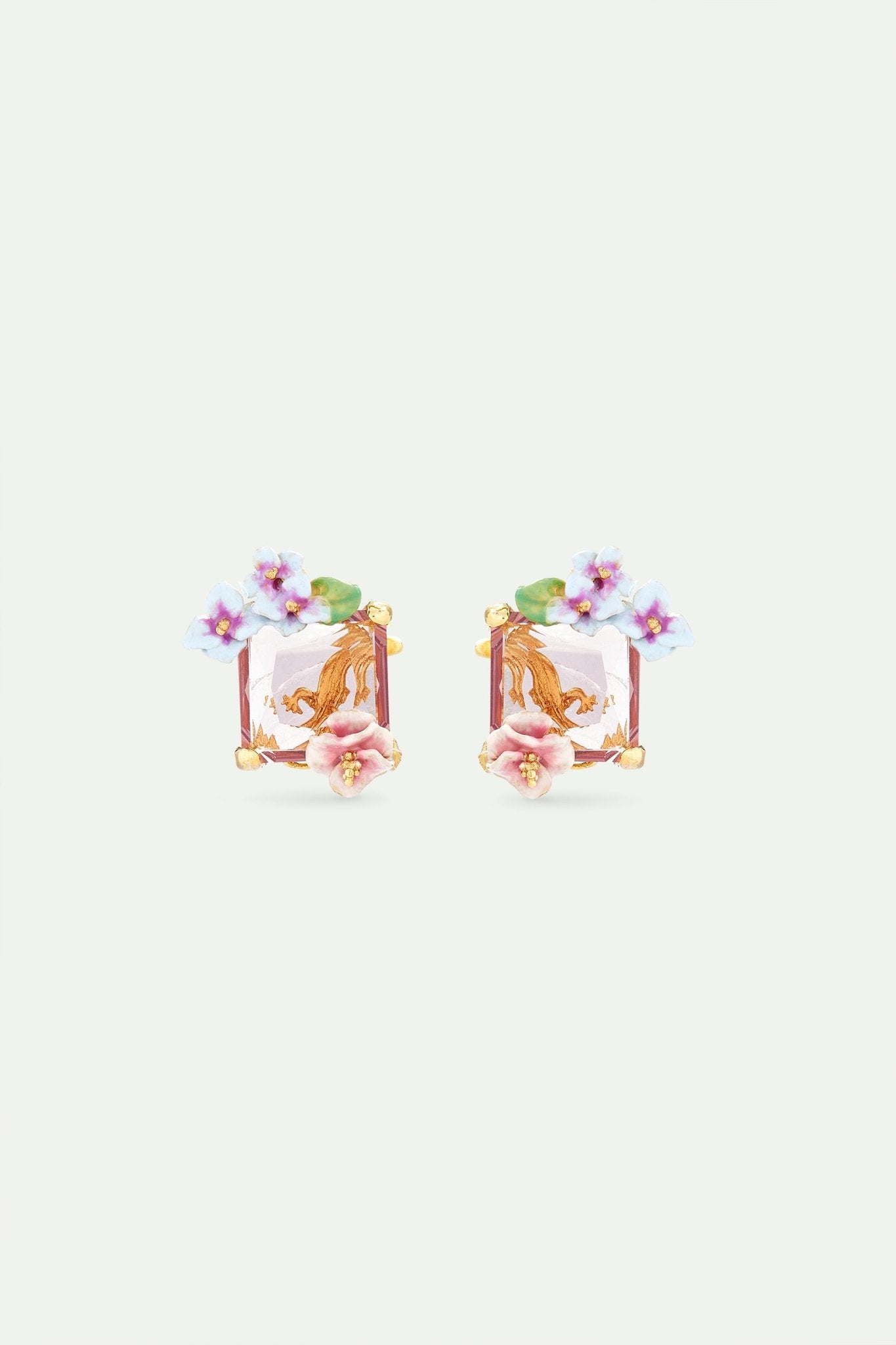 Lizard earrings with pink cut stone and hydrangea flowers | AVJH1061 - Les Nereides