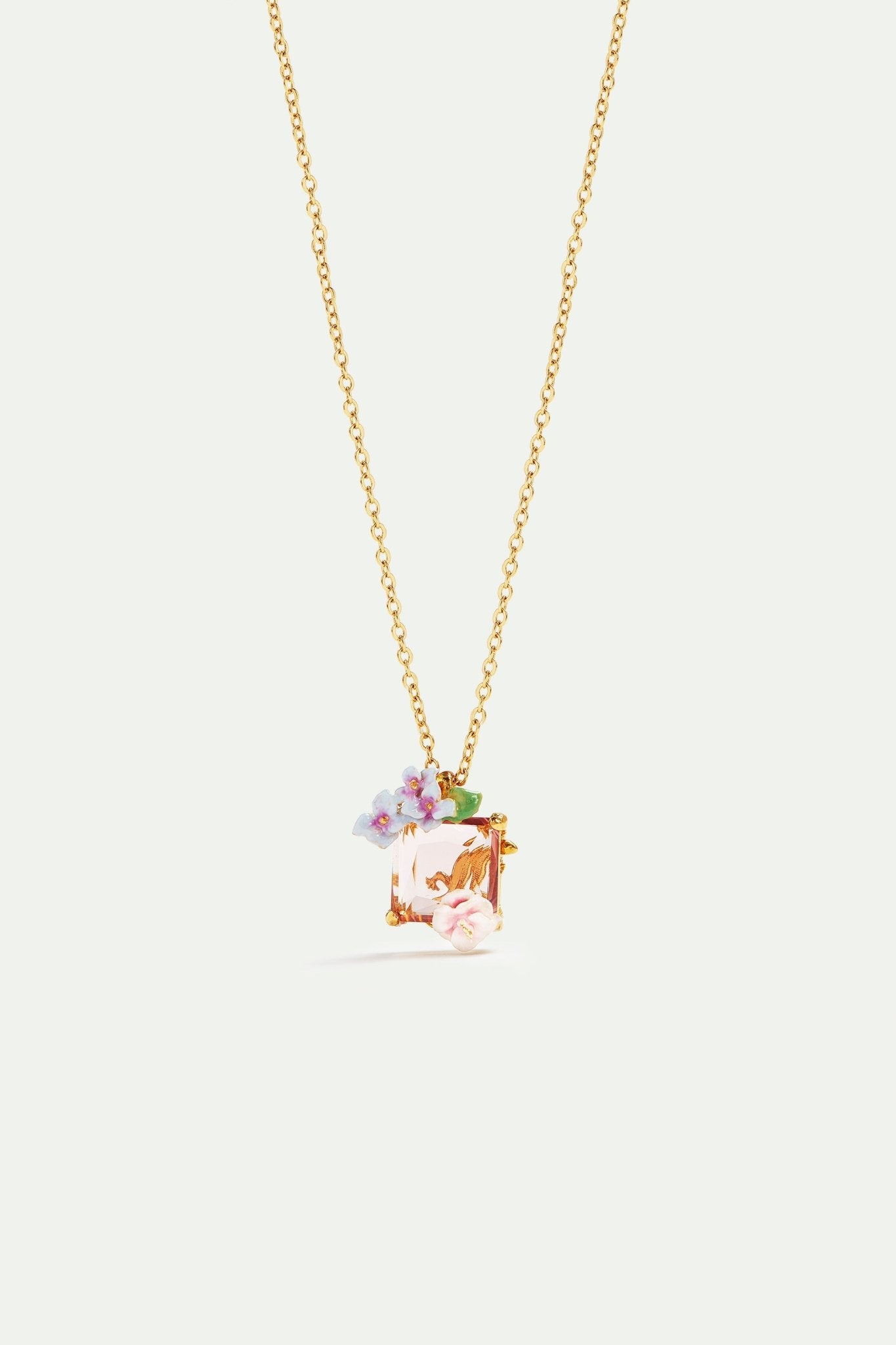 Lizard pendant necklace, pink cut stone and hydrangea | AVJH3031 - Les Nereides