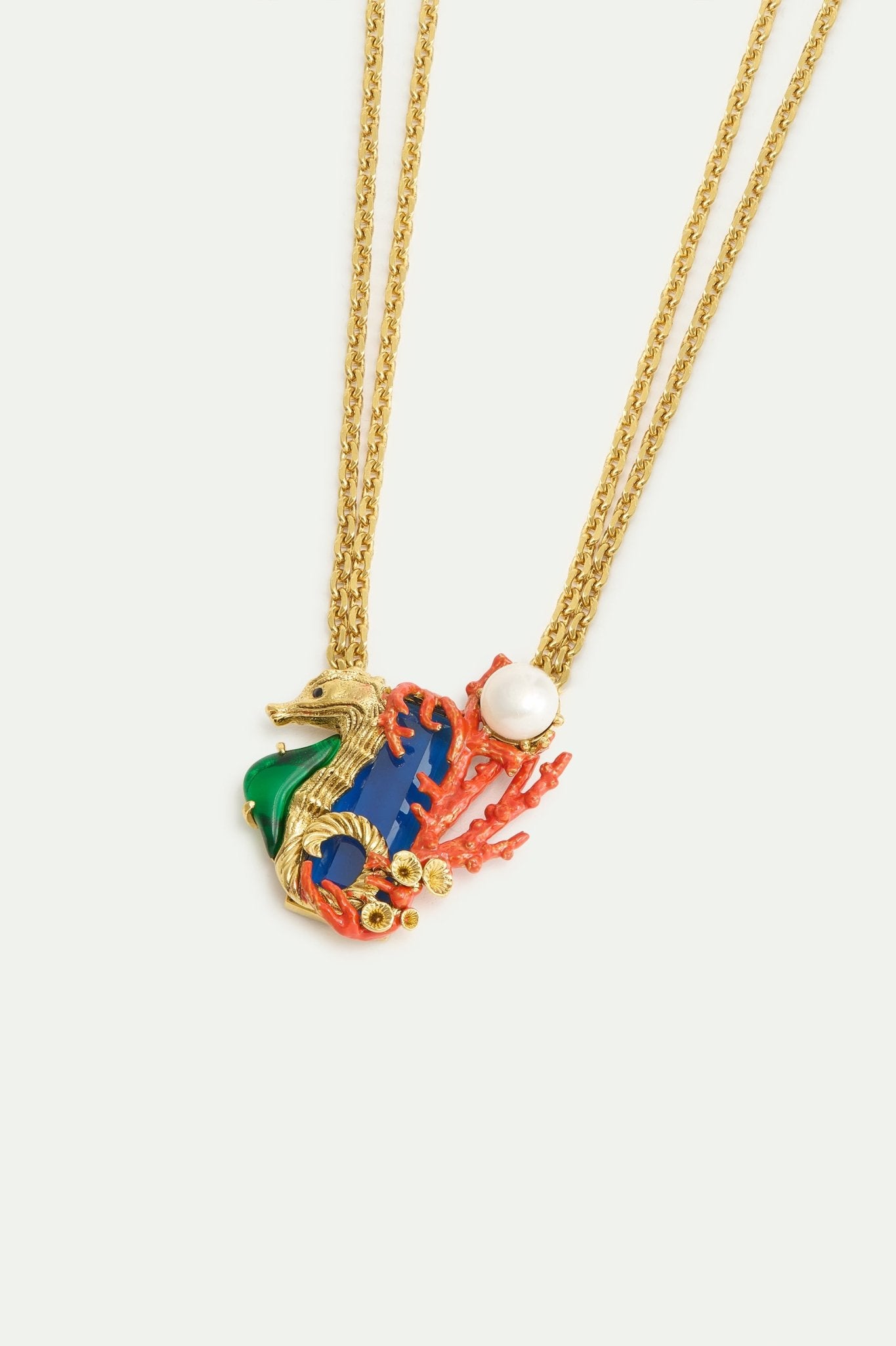 Navy Blue Stone Necklace With Green And Golden Seahorse | AXMO3011 - Les Nereides